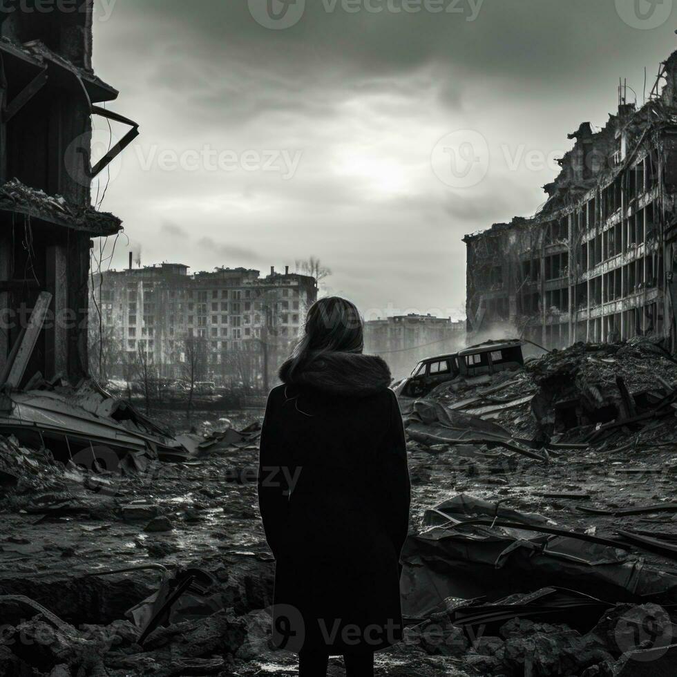 A girl in a black coat stands in front of a destroyed building. AI generated photo