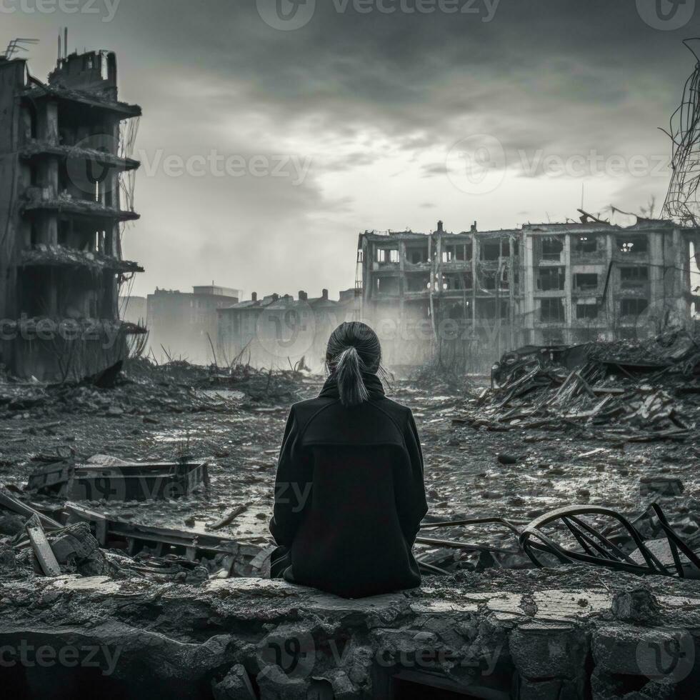 A girl in a black coat stands in front of a destroyed building. AI generated photo