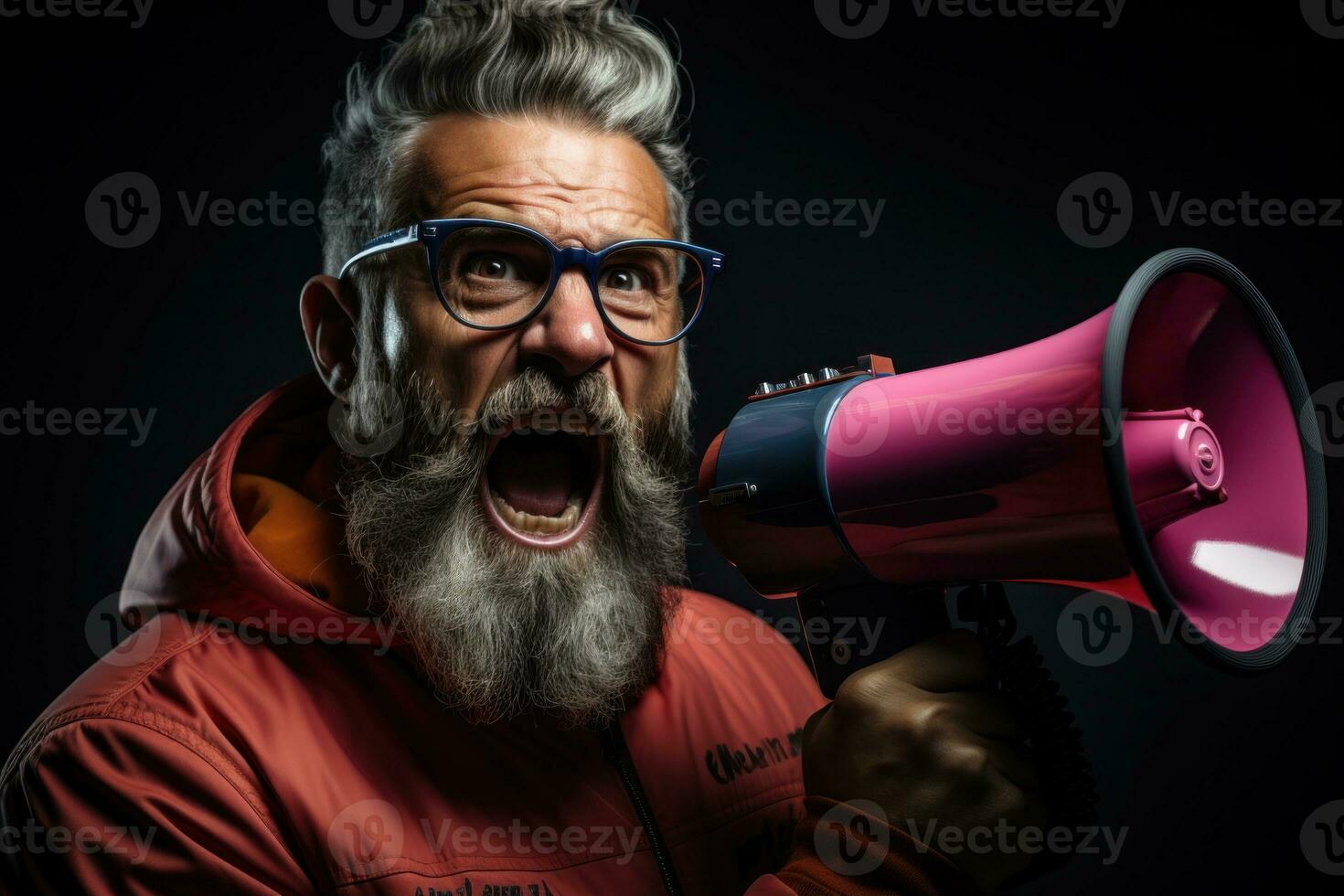 portrait of angry senior man in red hoodie shouting through megaphone isolated on grey. AI generated photo