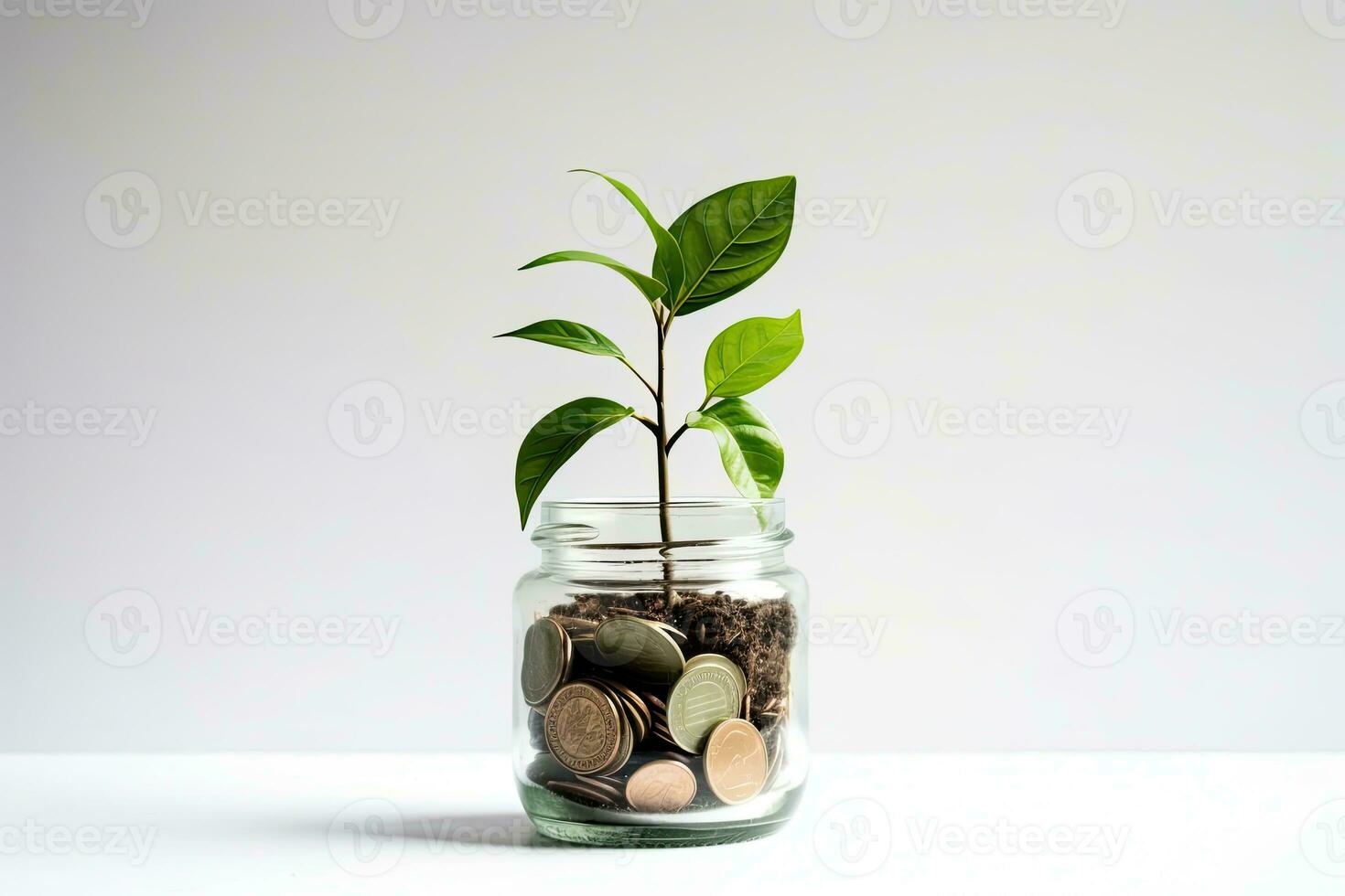 Plant growing out of coins in glass jar on white background. Saving money concept. Generative AI photo