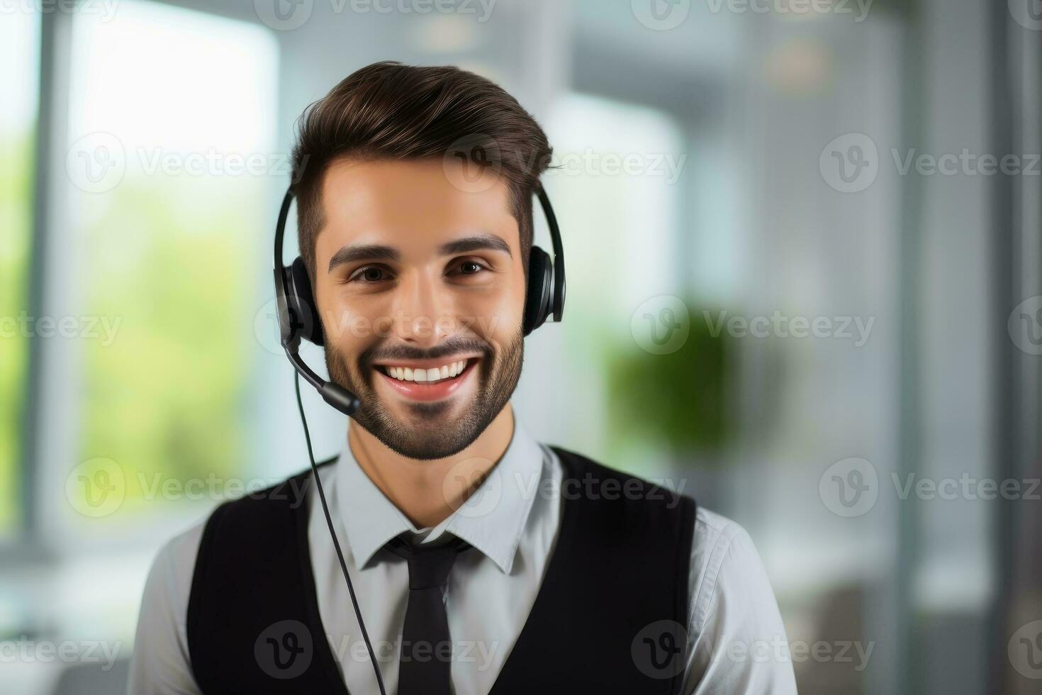 A call center employee with a headset at work.AI generative photo