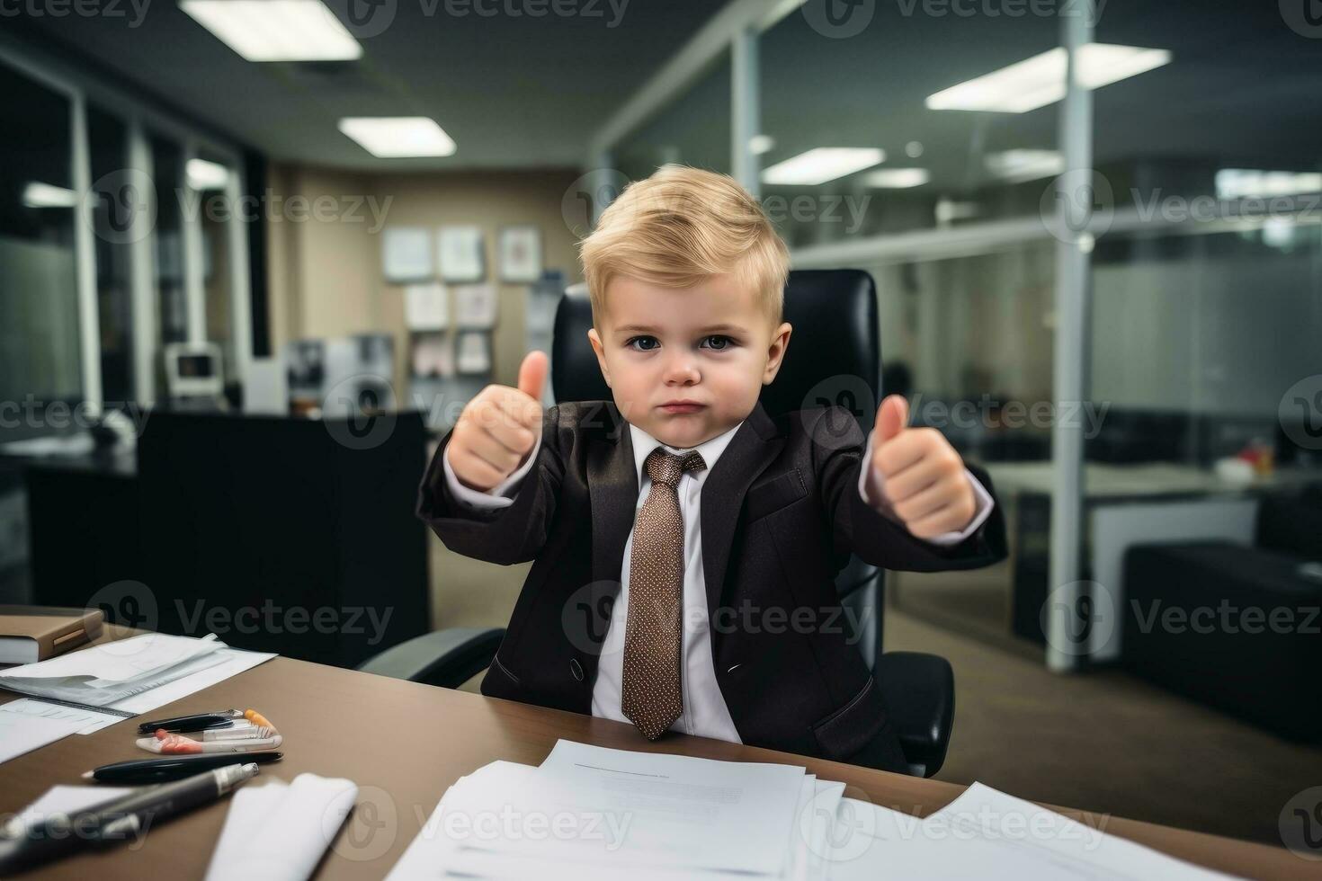 A kid in a business suite being bossy in an office.AI generative photo