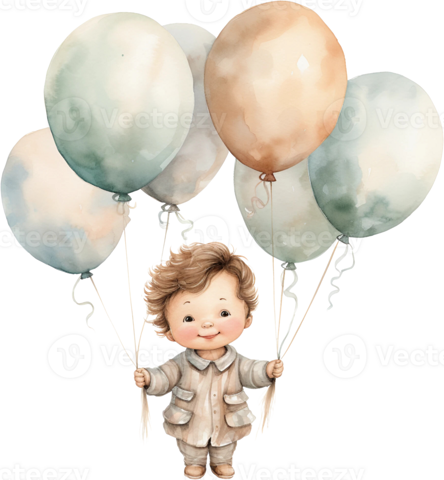 Ai Generated Watercolor Little Baby Floating with Balloons Clipart Nursery Happy kids outdoors Birthday Invitation Girl Boy Card Making Junk Journal Scrapbooking Poster Stickers Planner png