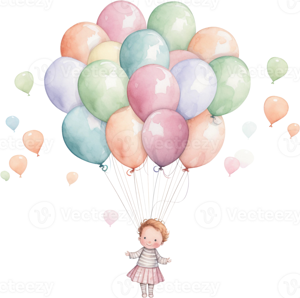 Ai Generated Watercolor Little Baby Floating with Balloons Clipart Nursery Happy kids outdoors Birthday Invitation Girl Boy Card Making Junk Journal Scrapbooking Poster Stickers Planner png