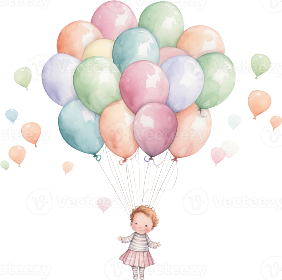 ai genererad vattenfärg liten bebis flytande med ballonger ClipArt barnkammare Lycklig barn utomhus födelsedag inbjudan flicka pojke kort framställning skräp tidning scrapbooking affisch klistermärken planerare png