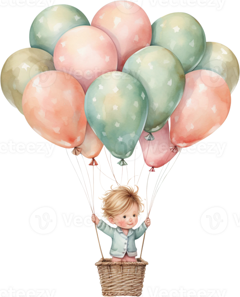 Ai Generated Watercolor Little Baby Floating with Balloons Clipart Nursery Happy kids outdoors Birthday Invitation Girl Boy Card Making Junk Journal Scrapbooking Poster Stickers Planner png