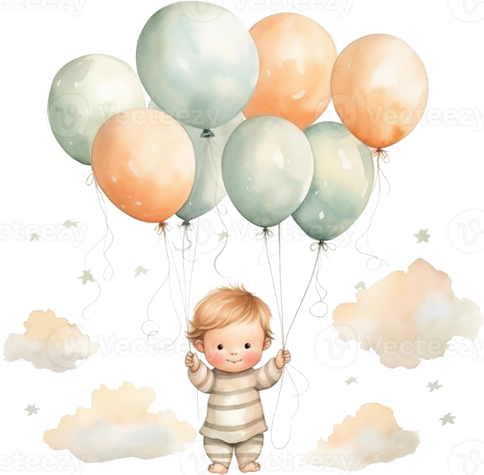 Ai Generated Watercolor Little Baby Floating with Balloons Clipart Nursery Happy kids outdoors Birthday Invitation Girl Boy Card Making Junk Journal Scrapbooking Poster Stickers Planner png