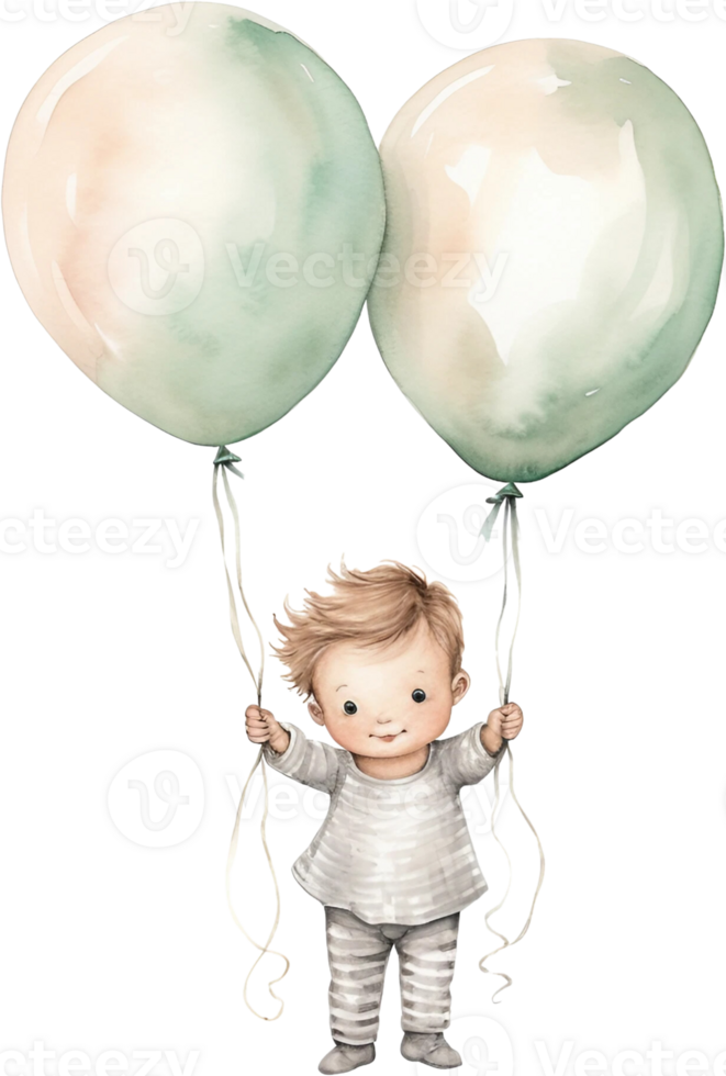 Ai Generated Watercolor Little Baby Floating with Balloons Clipart Nursery Happy kids outdoors Birthday Invitation Girl Boy Card Making Junk Journal Scrapbooking Poster Stickers Planner png