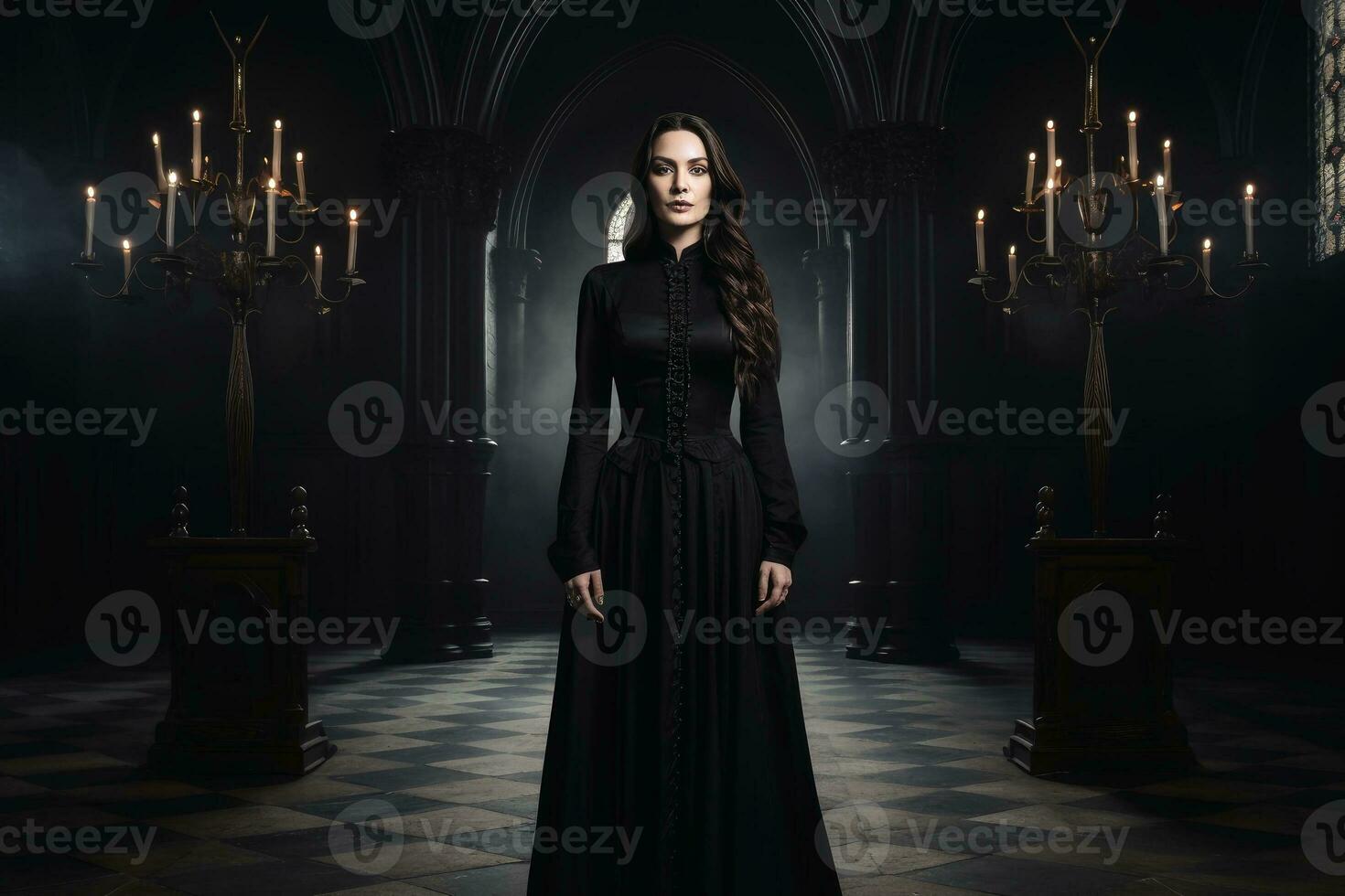 A gothic goddess woman wearing black clothes full body shot.AI generative photo