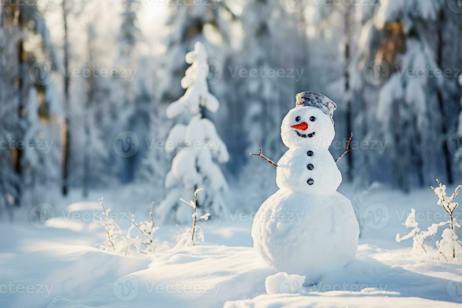 A friendly snowman smiling in a calm winter landscape.AI generative photo