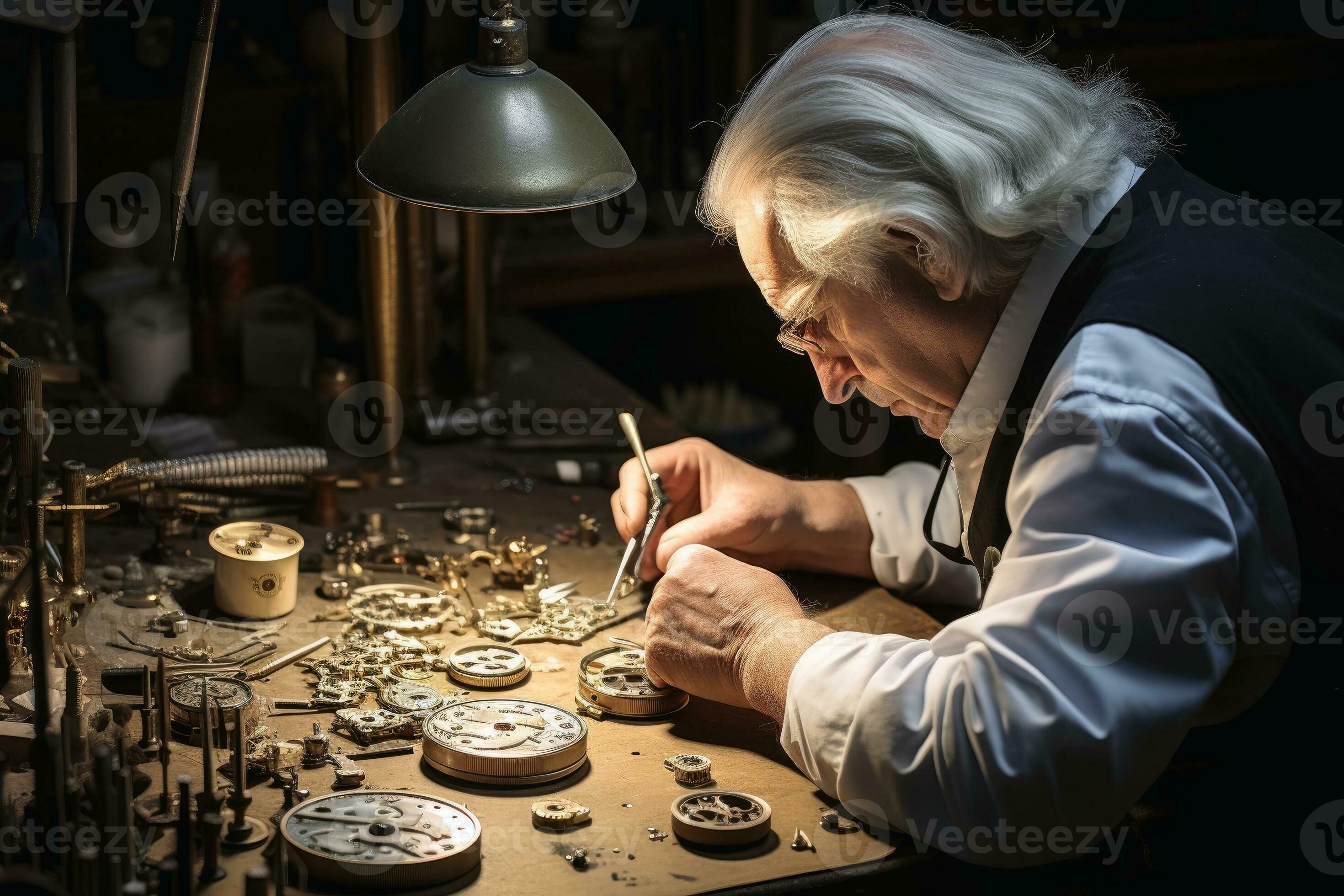 A watchmaker at work at his desk.AI generative 33267471 Stock Photo at Vecteezy