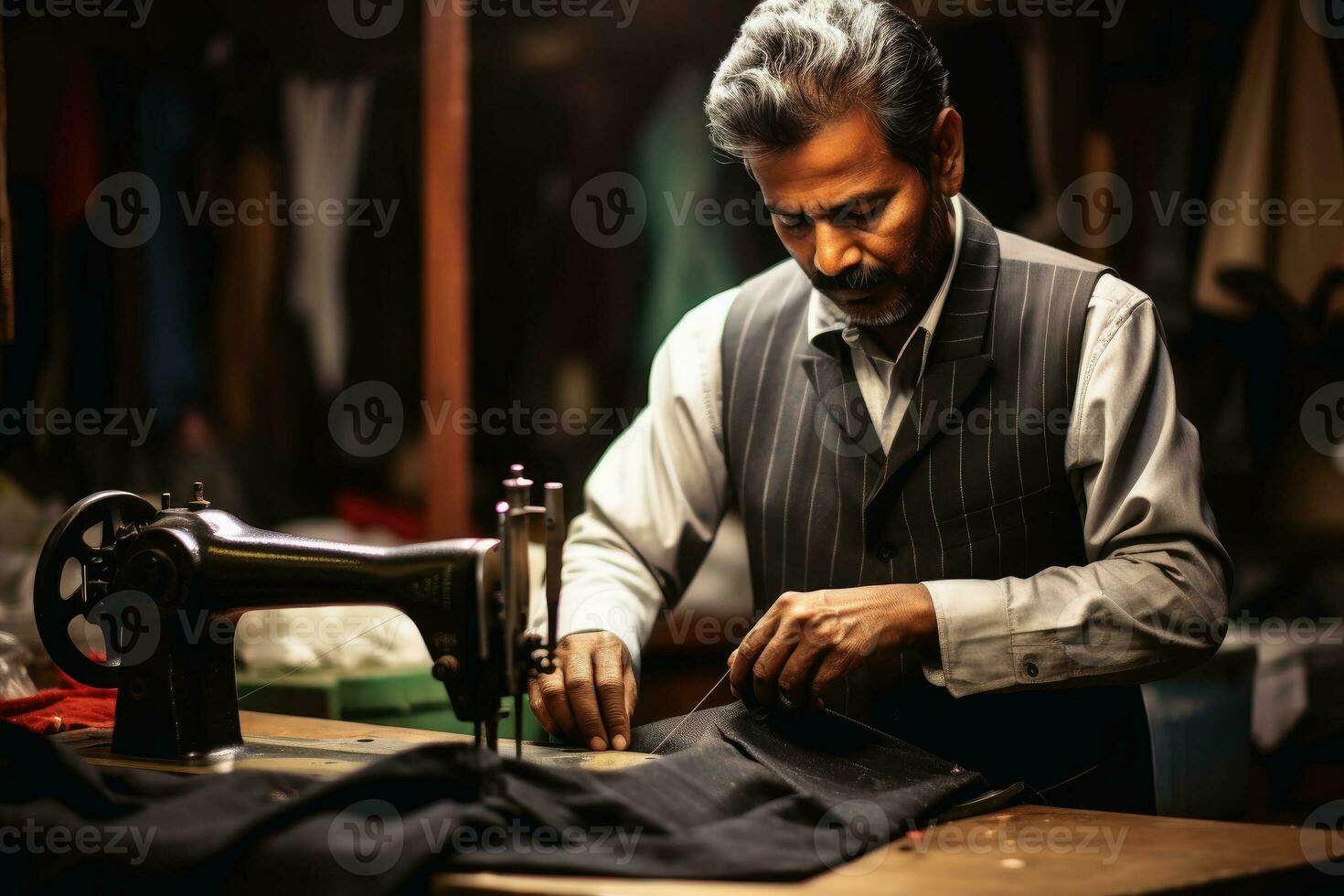 A tailor at work with fabrics.AI generative photo