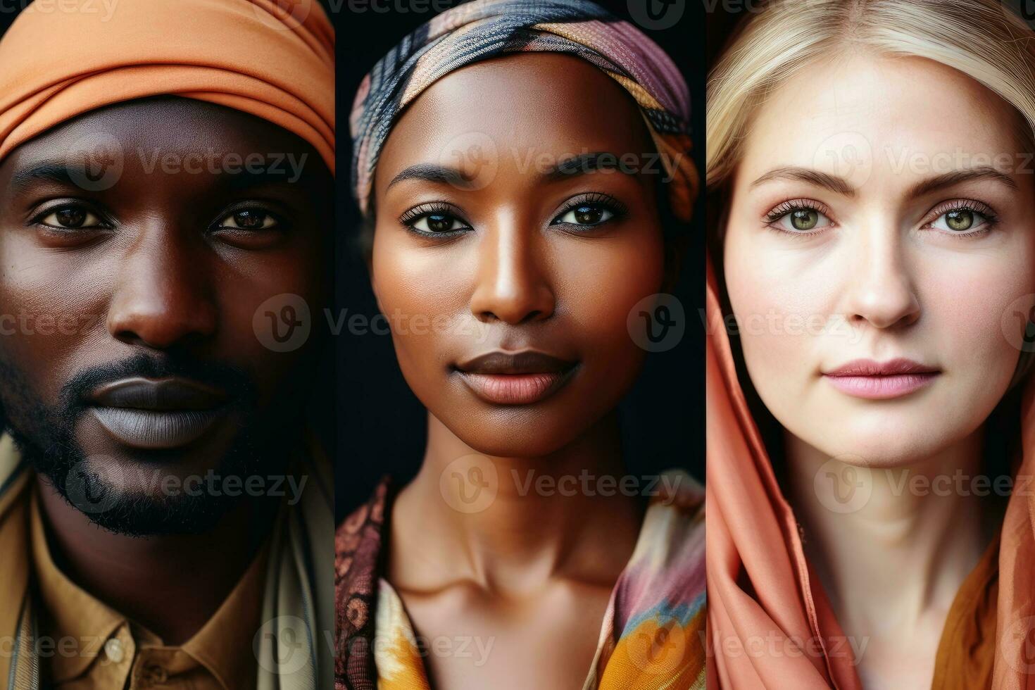 A collage of portraits of ethnically different people.AI generative photo