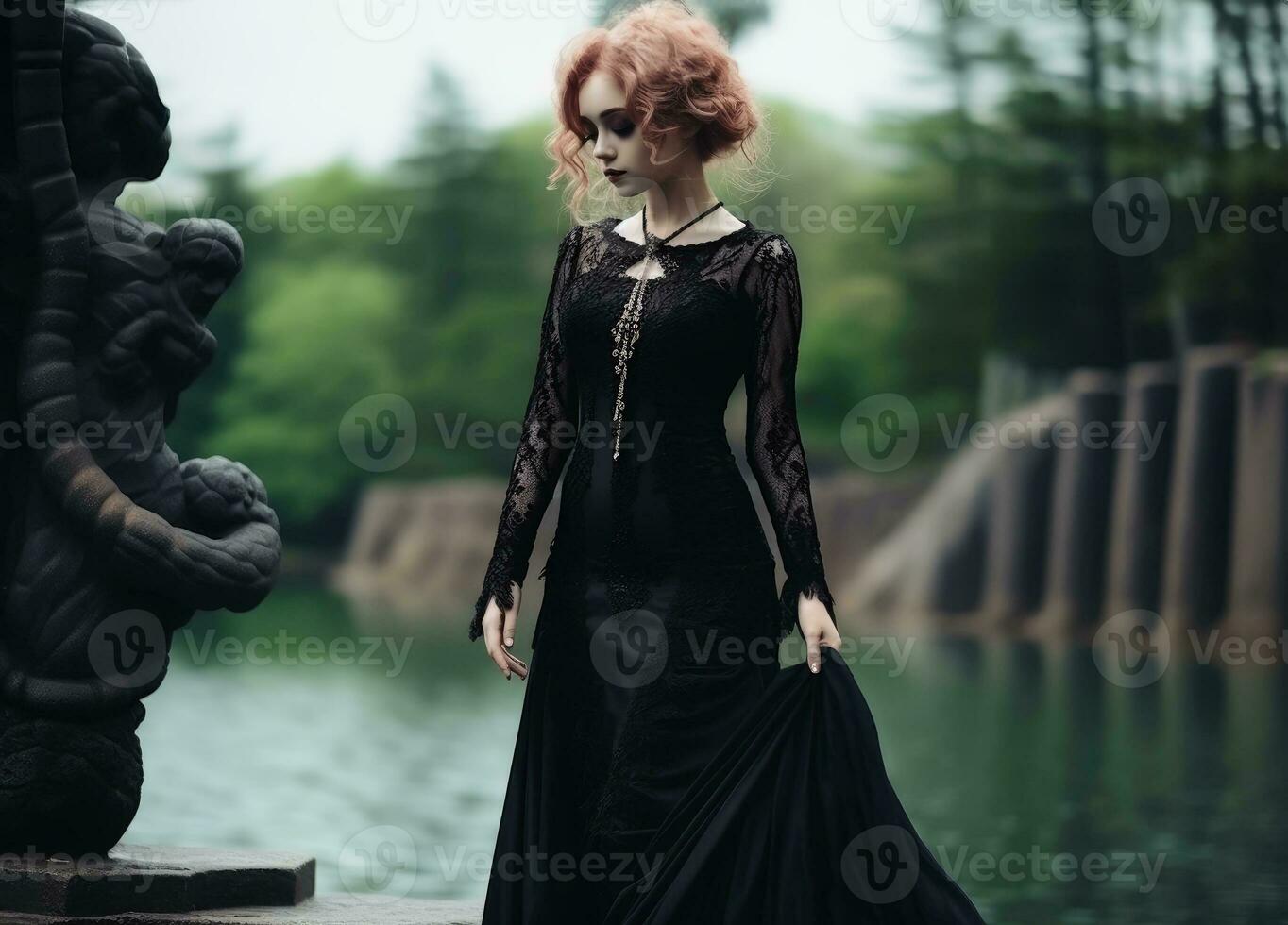 A gothic goddess woman wearing black clothes full body shot.AI generative photo