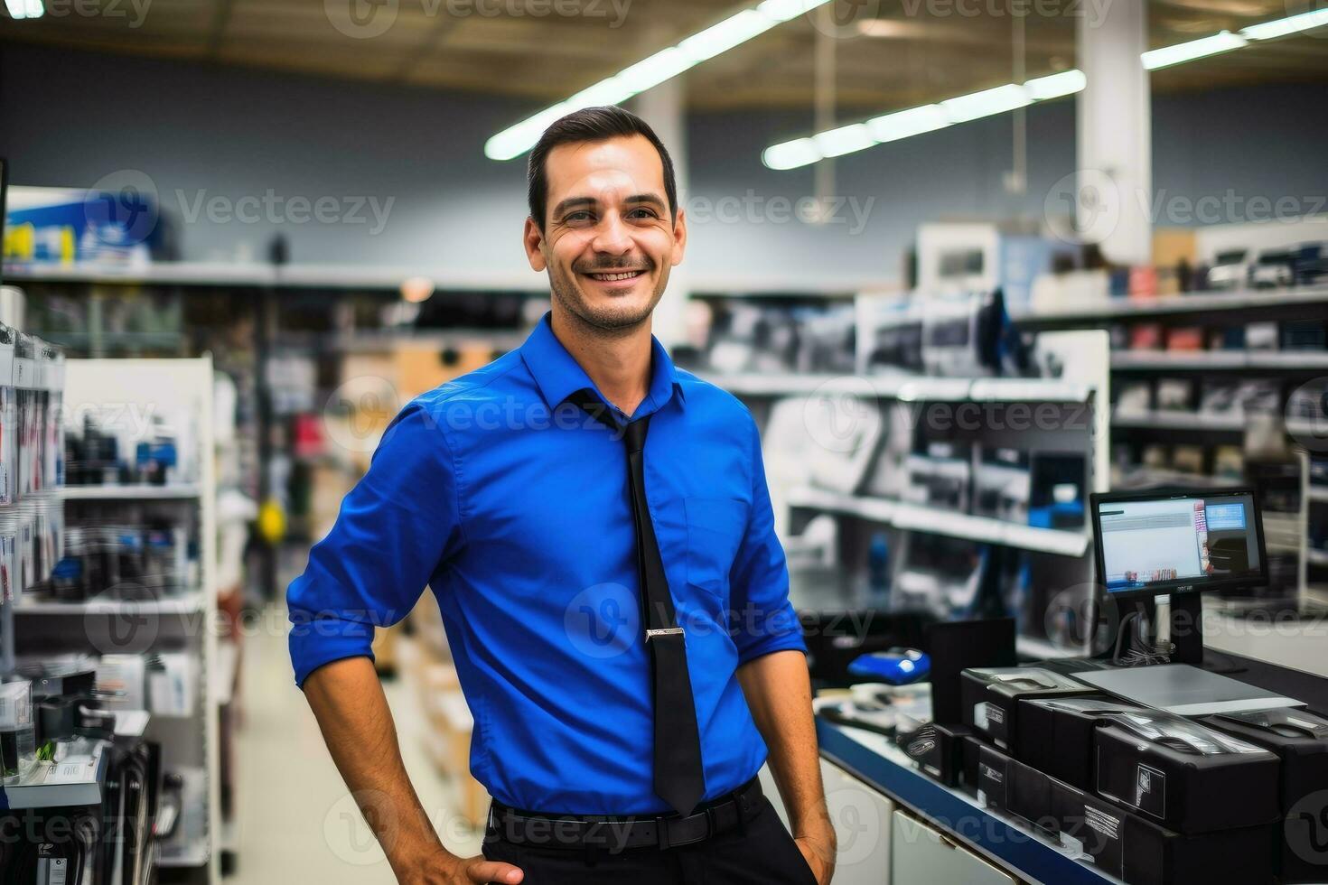 un simpático vendedor en un electrónica tienda.v foto