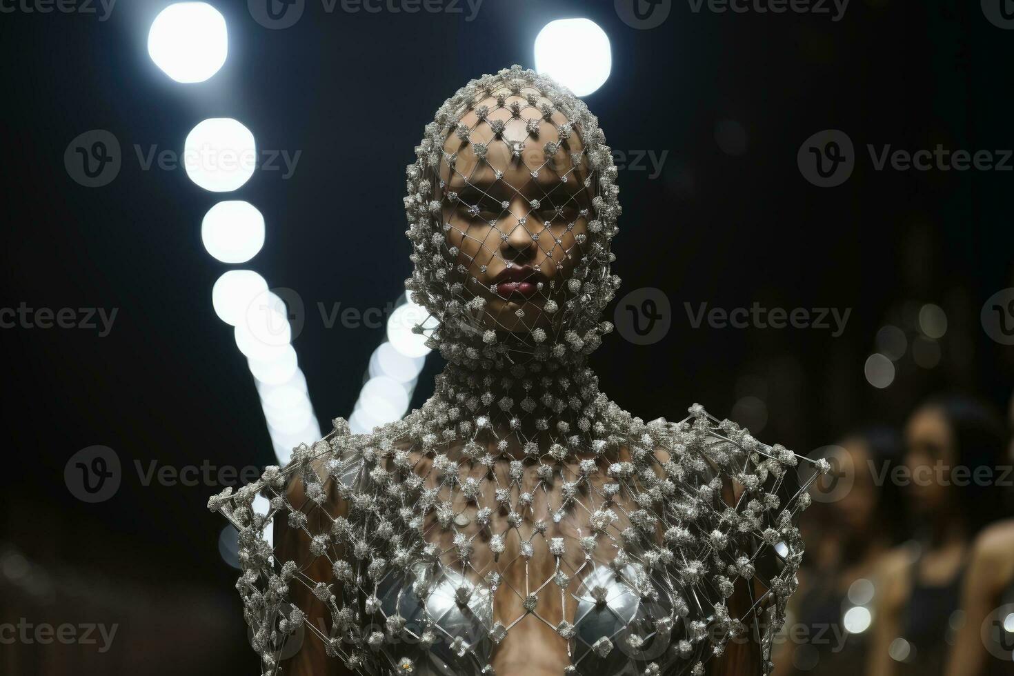 un modelo en un pista vistiendo un elegante vestir hecho de diamantes.ai generativo foto