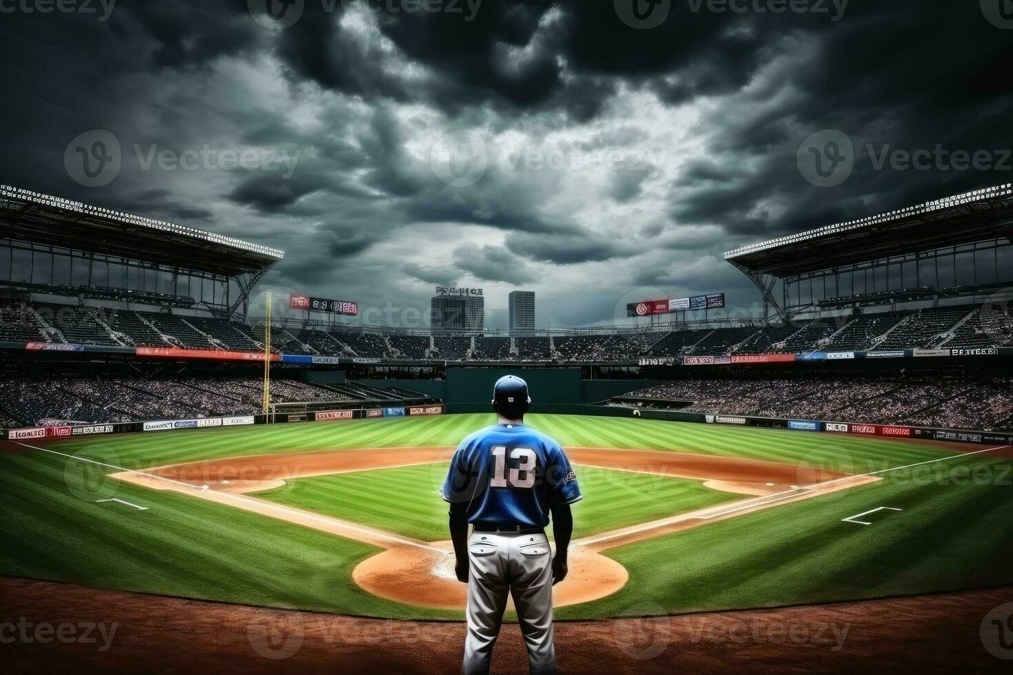 A baseball player in a big stadium.AI generative photo