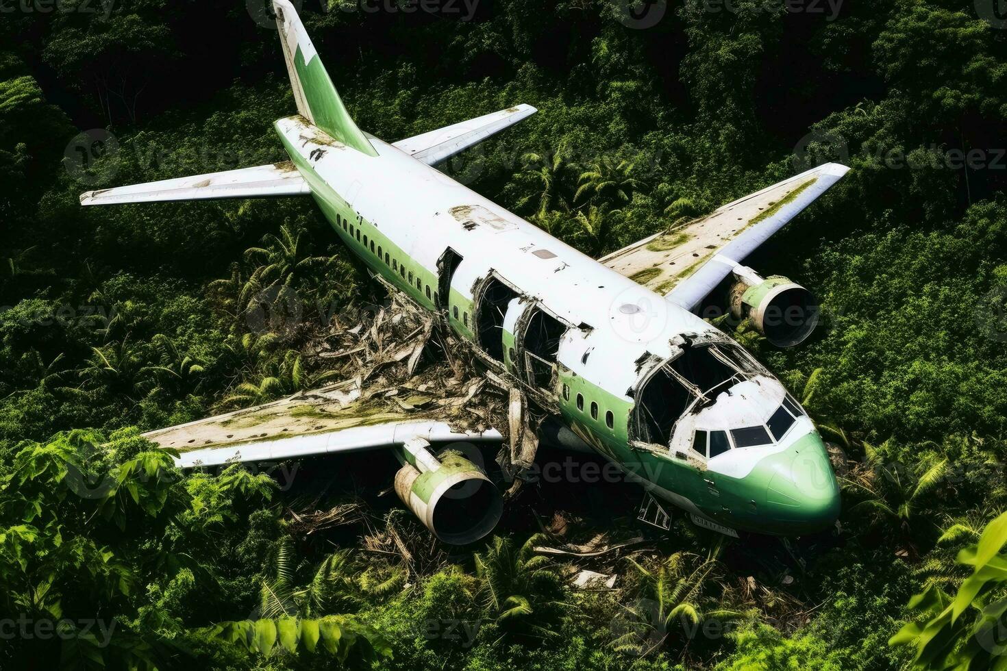 A stranded aircraft in the jungle.AI generative photo