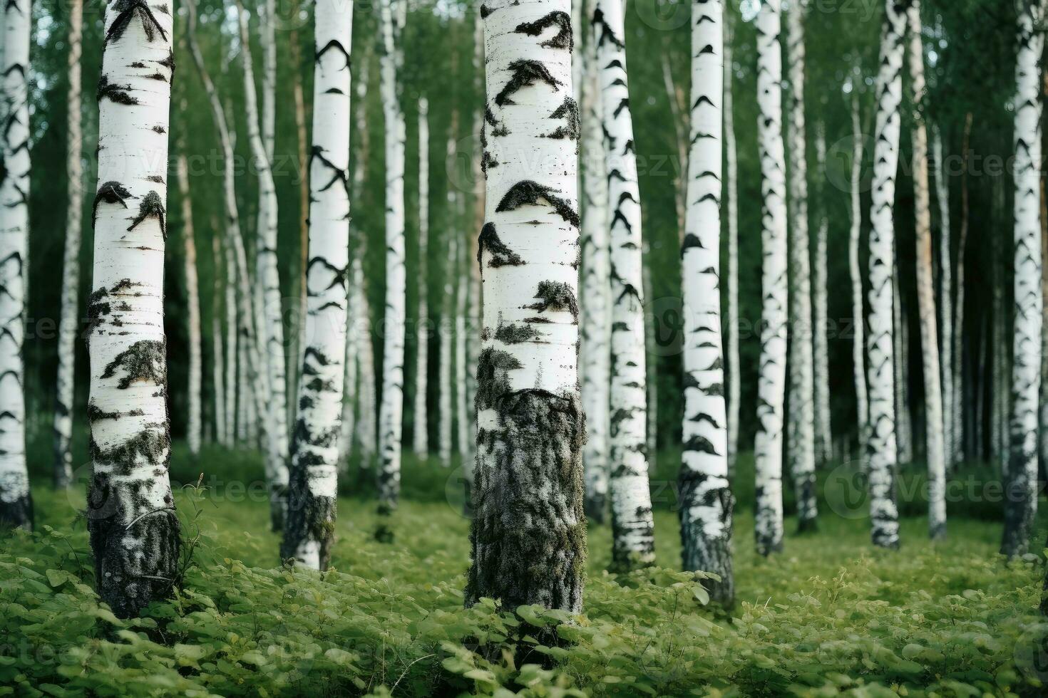 A beautiful birch forest with many white tree trunks.AI Generative photo