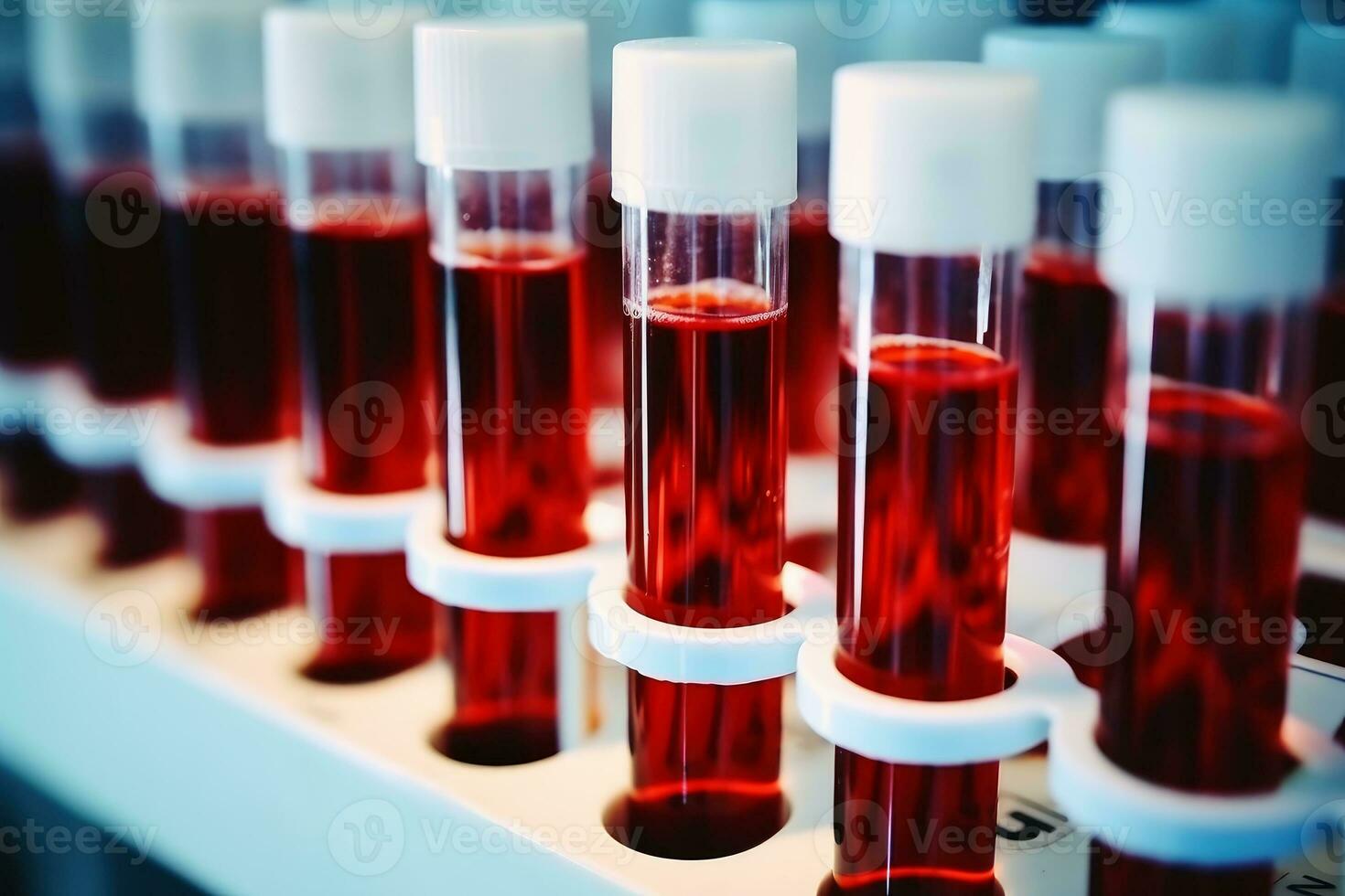 Close up view of test tubes with blood samples.AI Generative photo