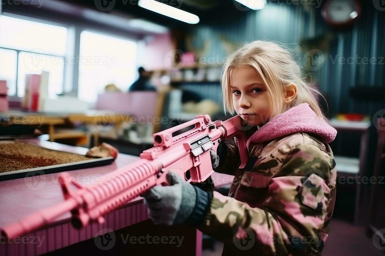 A girl with a pink rifle on a shooting range.AI generative photo