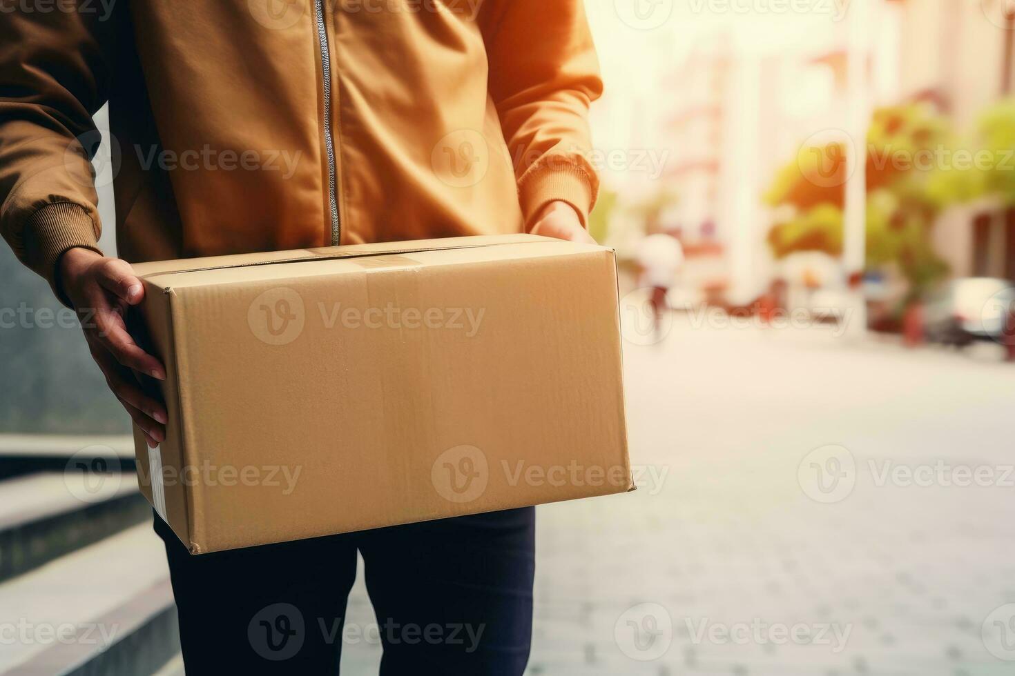 A parcel carrier brings a package to a door.AI Generative photo