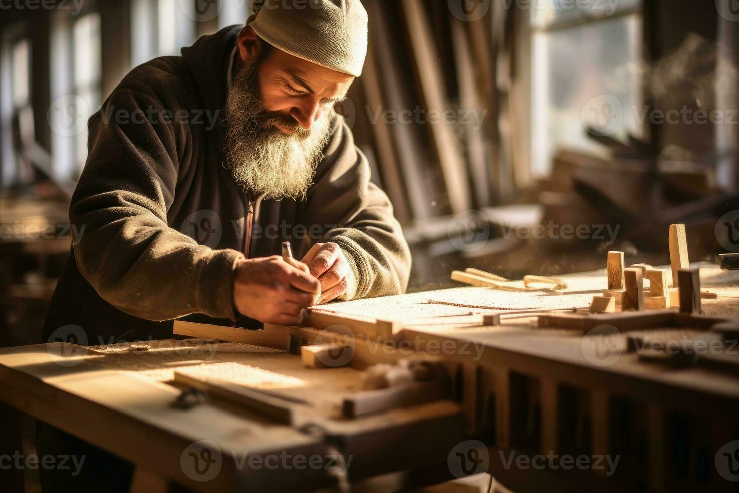 A carpenter at work with wood.AI generative photo