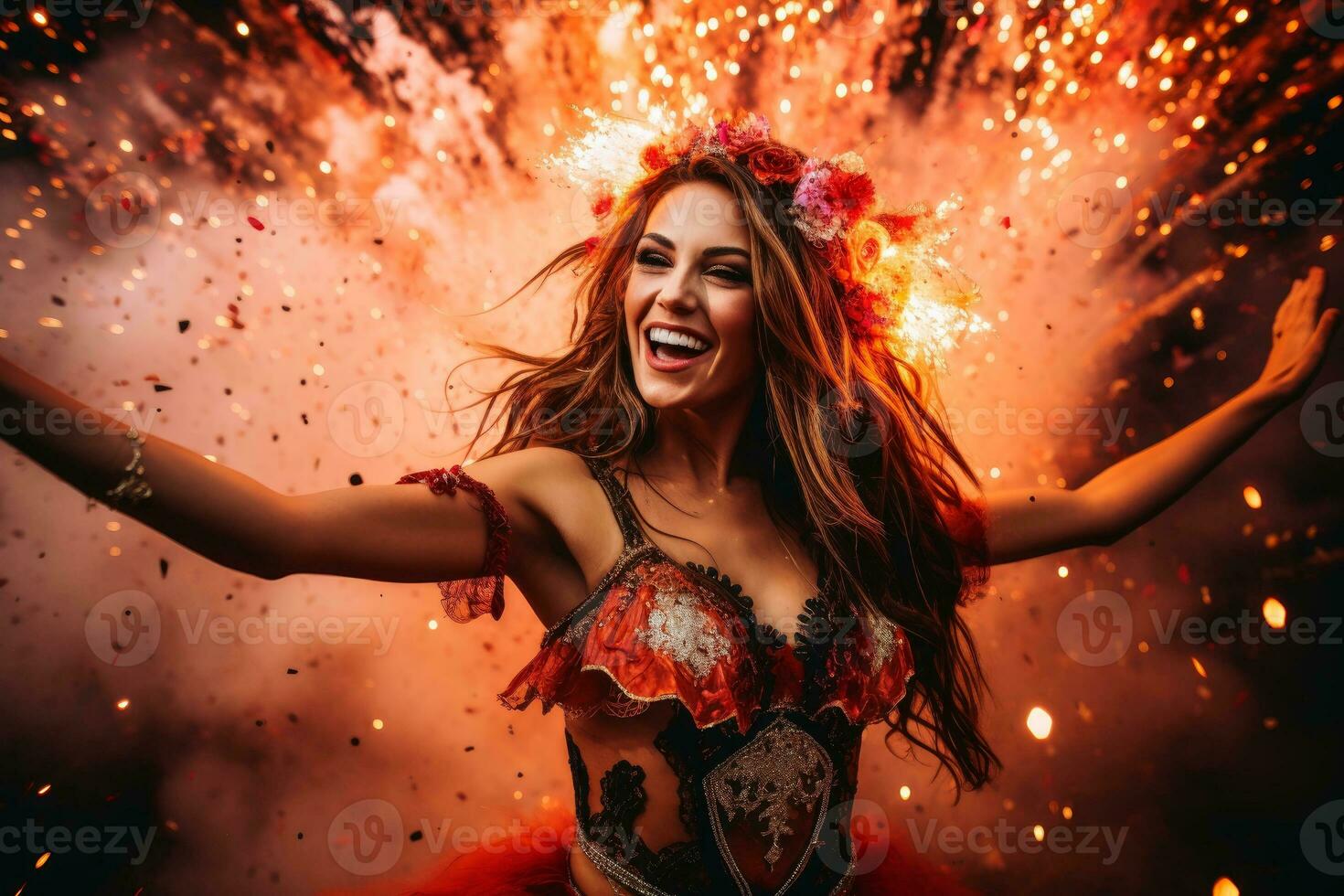 A woman dancing on the brazilian carnival in a powerful costume.AI Generative photo