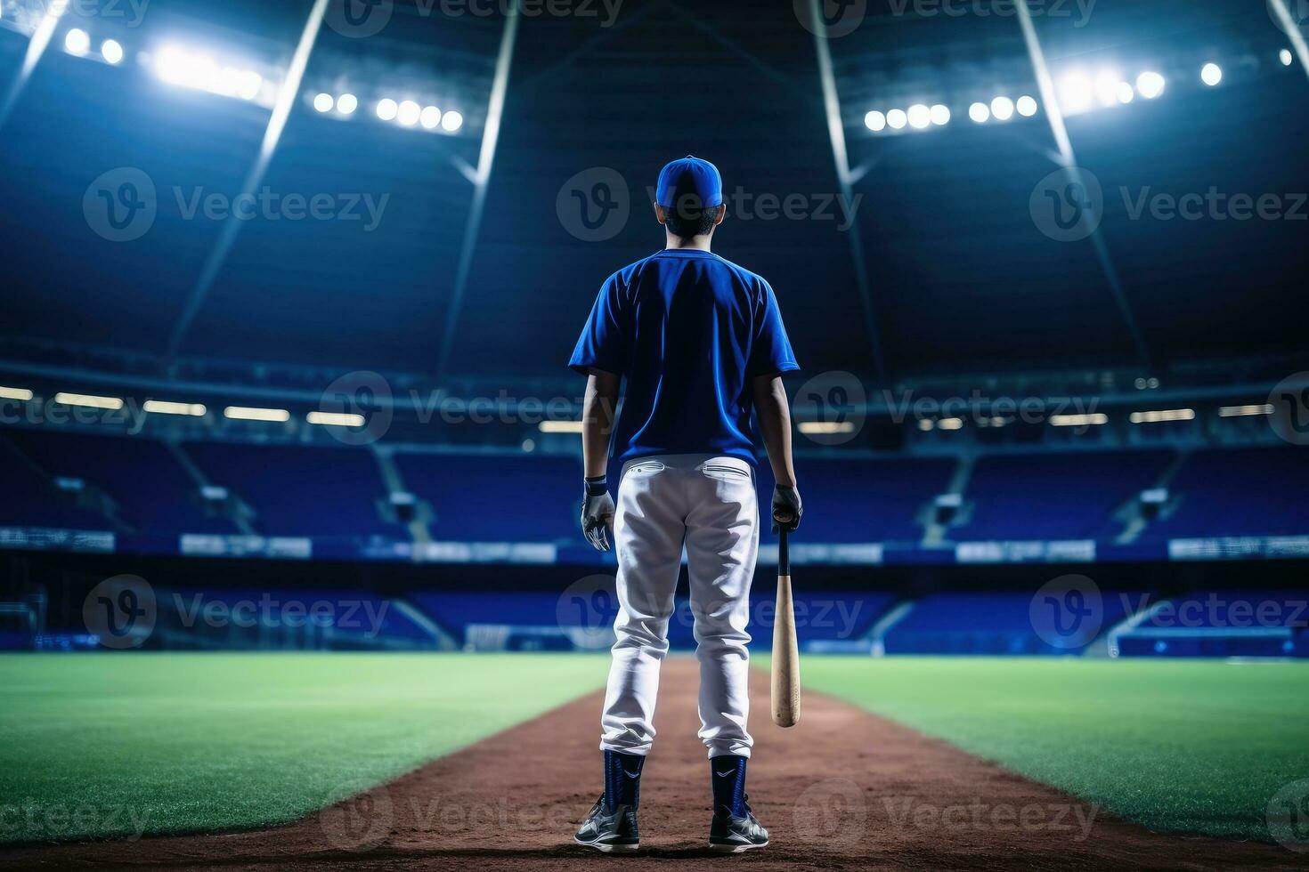 A baseball player in a big stadium.AI generative photo