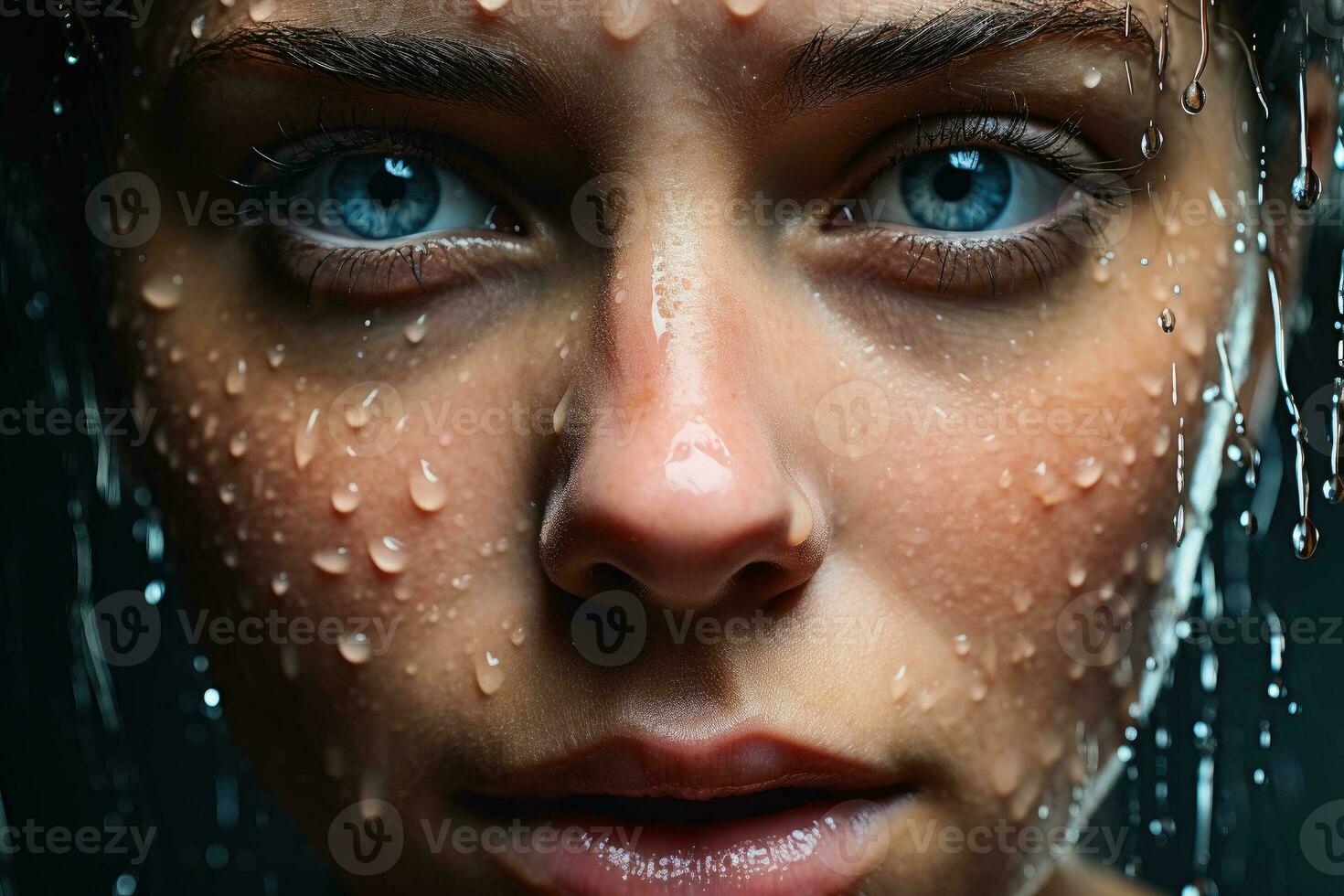 un mojado cara de un atractivo mujer cerca arriba con agua gotas.ai generativo foto