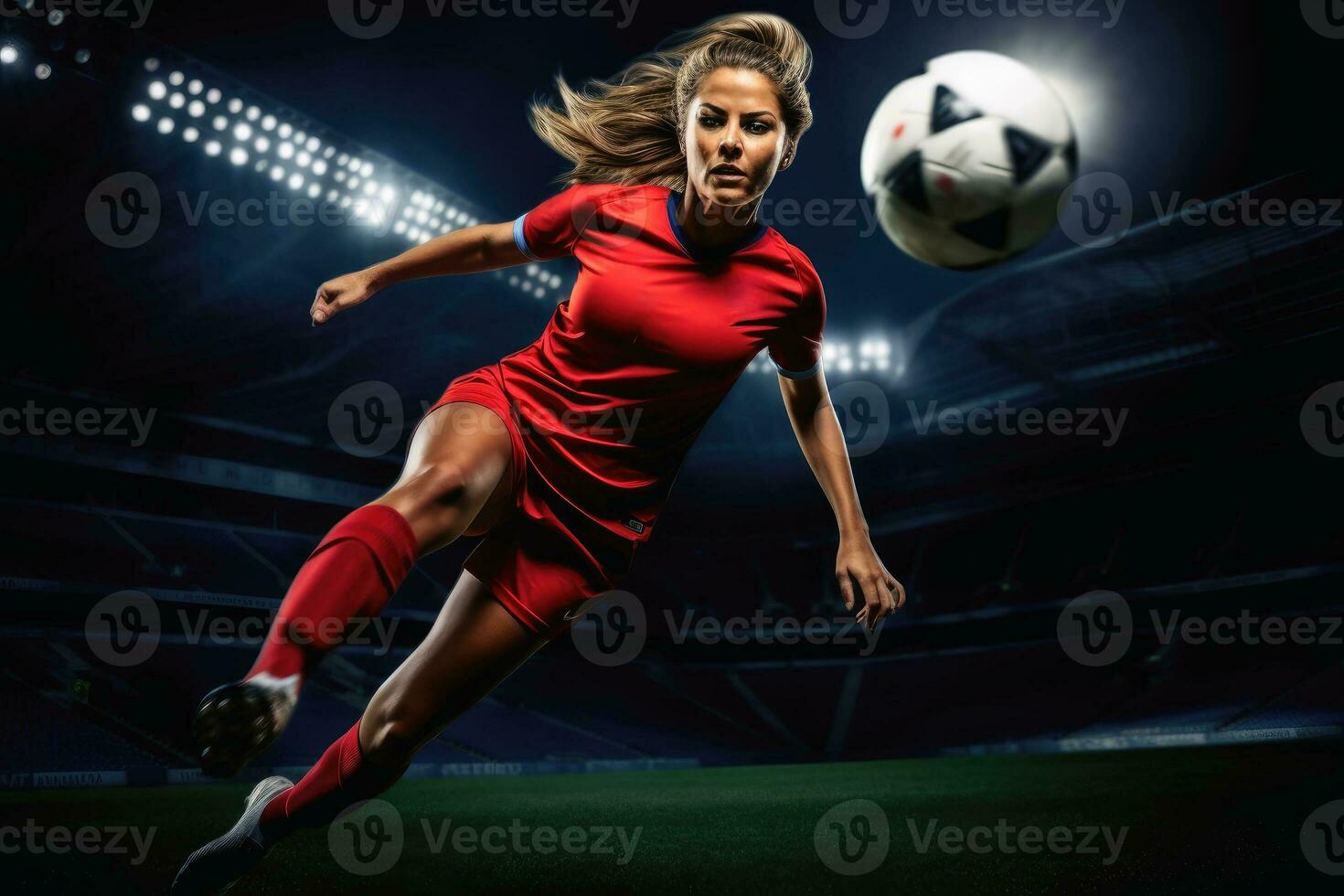 A female soccer player kicking the ball.AI generative photo