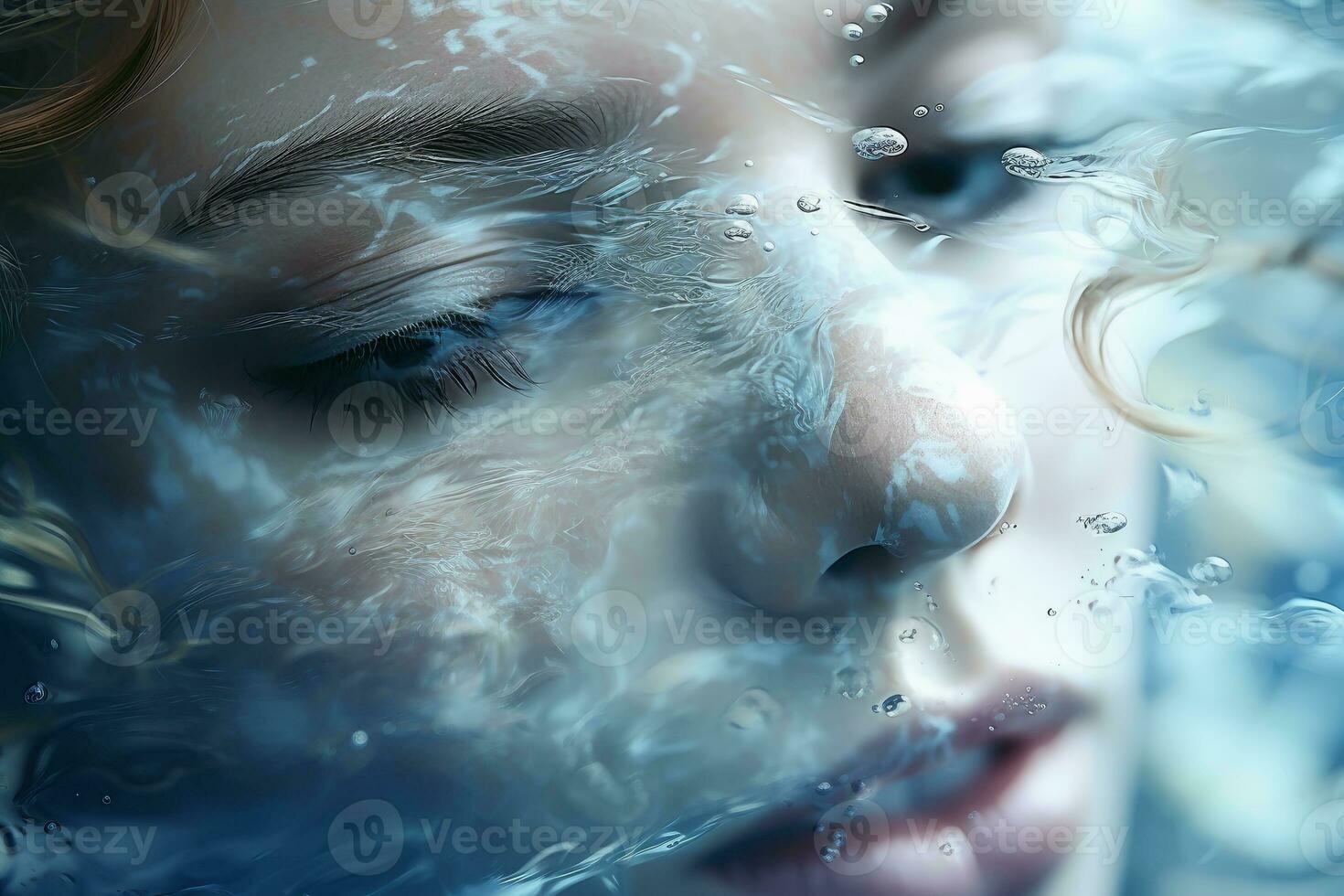 Abstract portrait of a woman with lots of water waves.AI Generative photo