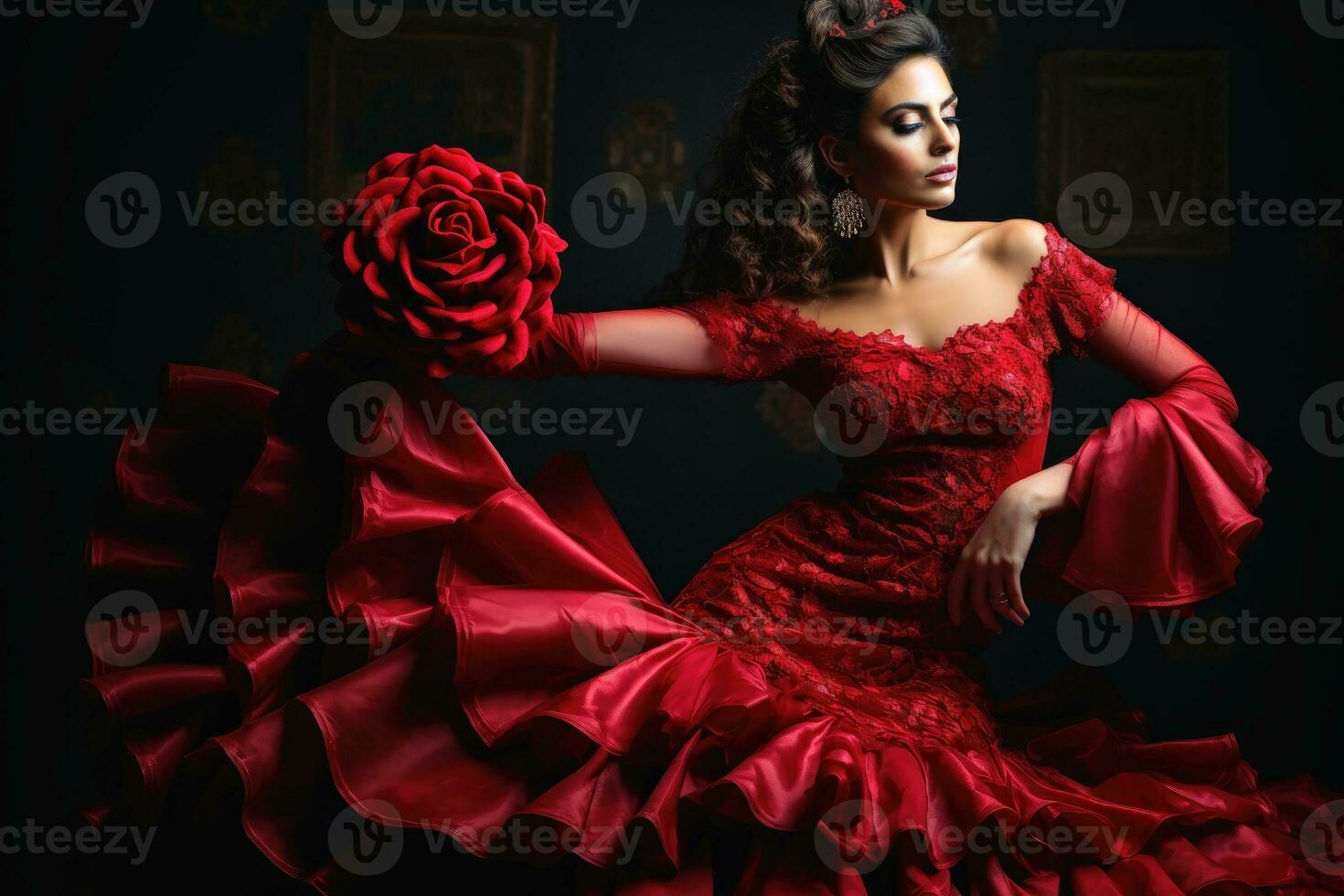 An attractive flamenco dancer in an elaborate dress.AI generative photo