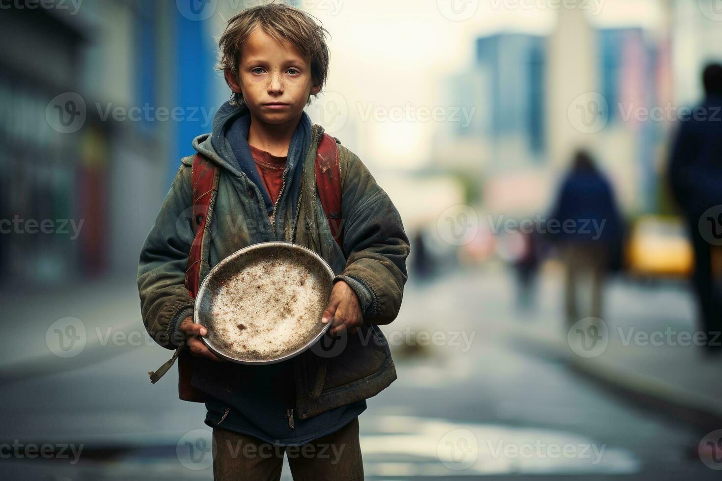 A poor kid begging for some money AI Generative photo