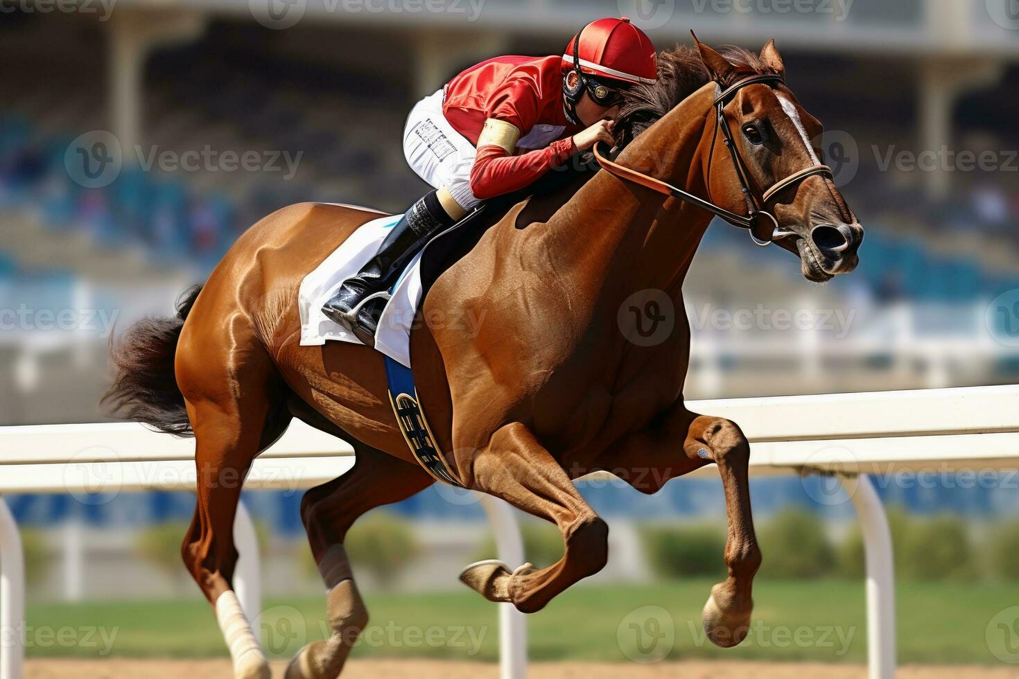 A jockey on a horse wins a race. AI generative photo