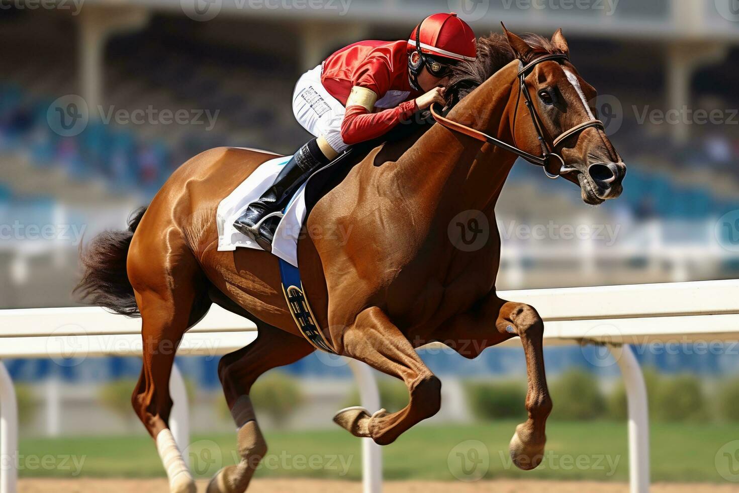 un jockey en un caballo gana un carrera. ai generativo foto