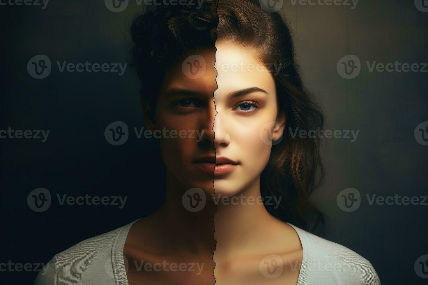 A portrait of a face being half woman and half man.AI generative photo