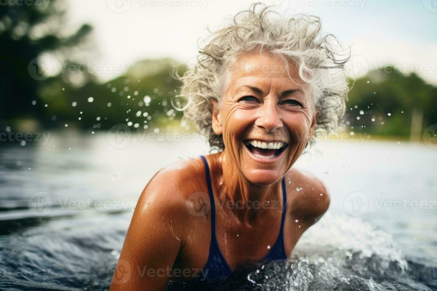 Energetic woman having fun at water aerobics.AI generative photo