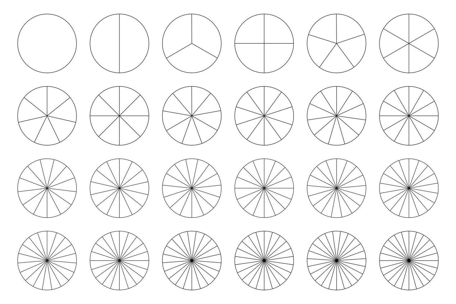 Segmented charts collection. Pie chart template. Many number of sectors divide the circle on equal parts. Outline black thin graphics. Set of pizza charts. Segments infographic. Diagram wheel parts. vector