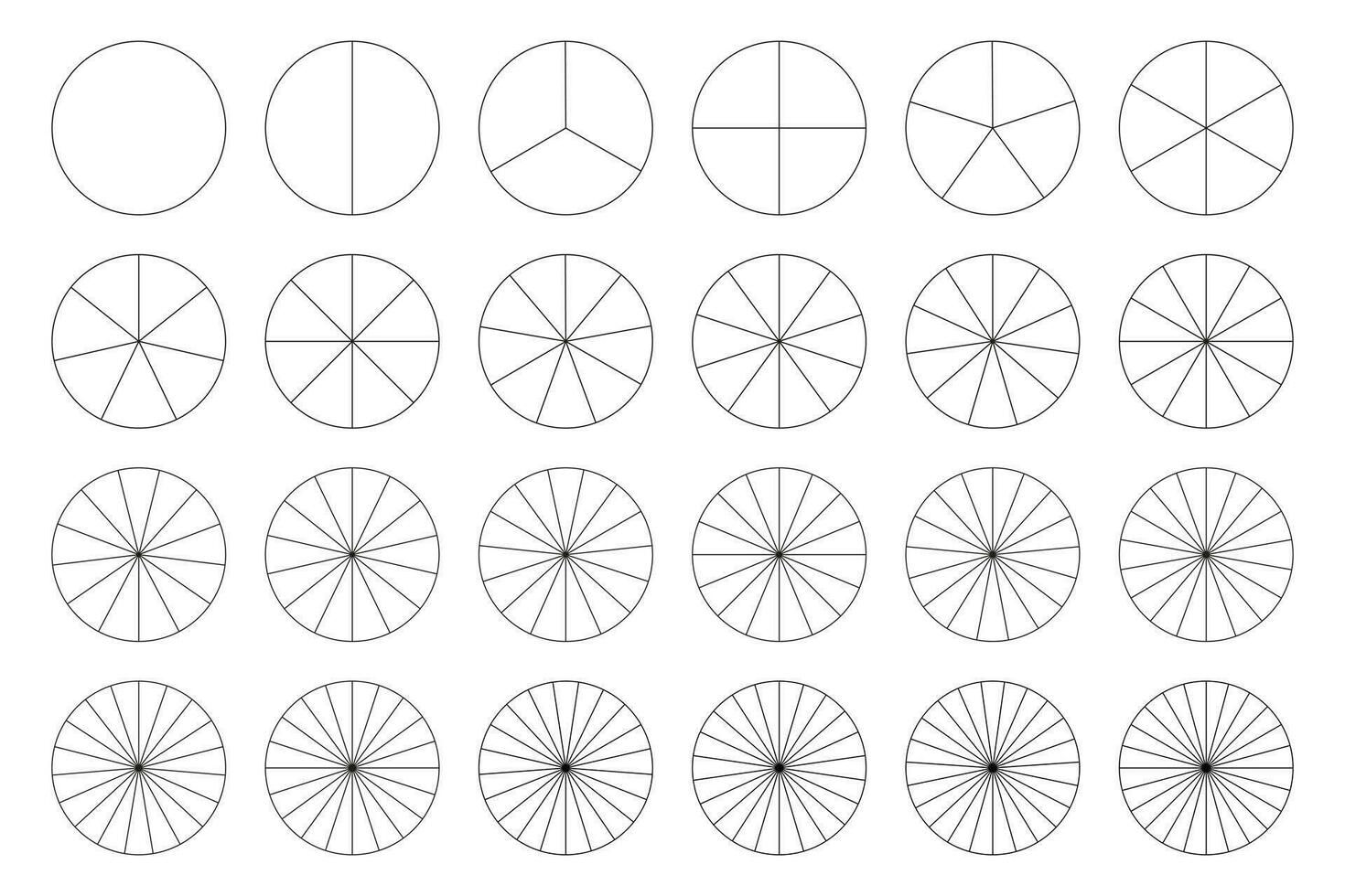 segmentario cartas recopilación. tarta gráfico modelo. muchos número de sectores dividir el circulo en igual partes. contorno negro Delgado gráficos. conjunto de Pizza cartas segmentos infografía. diagrama rueda partes. vector