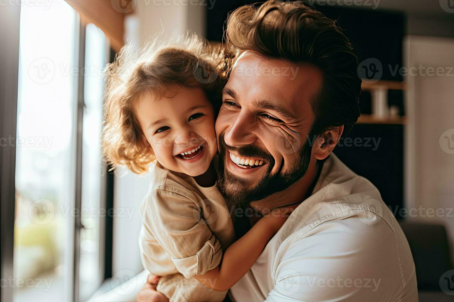 Smiling and happy father and daughter spending the weekend in a warm home. Generative AI photo