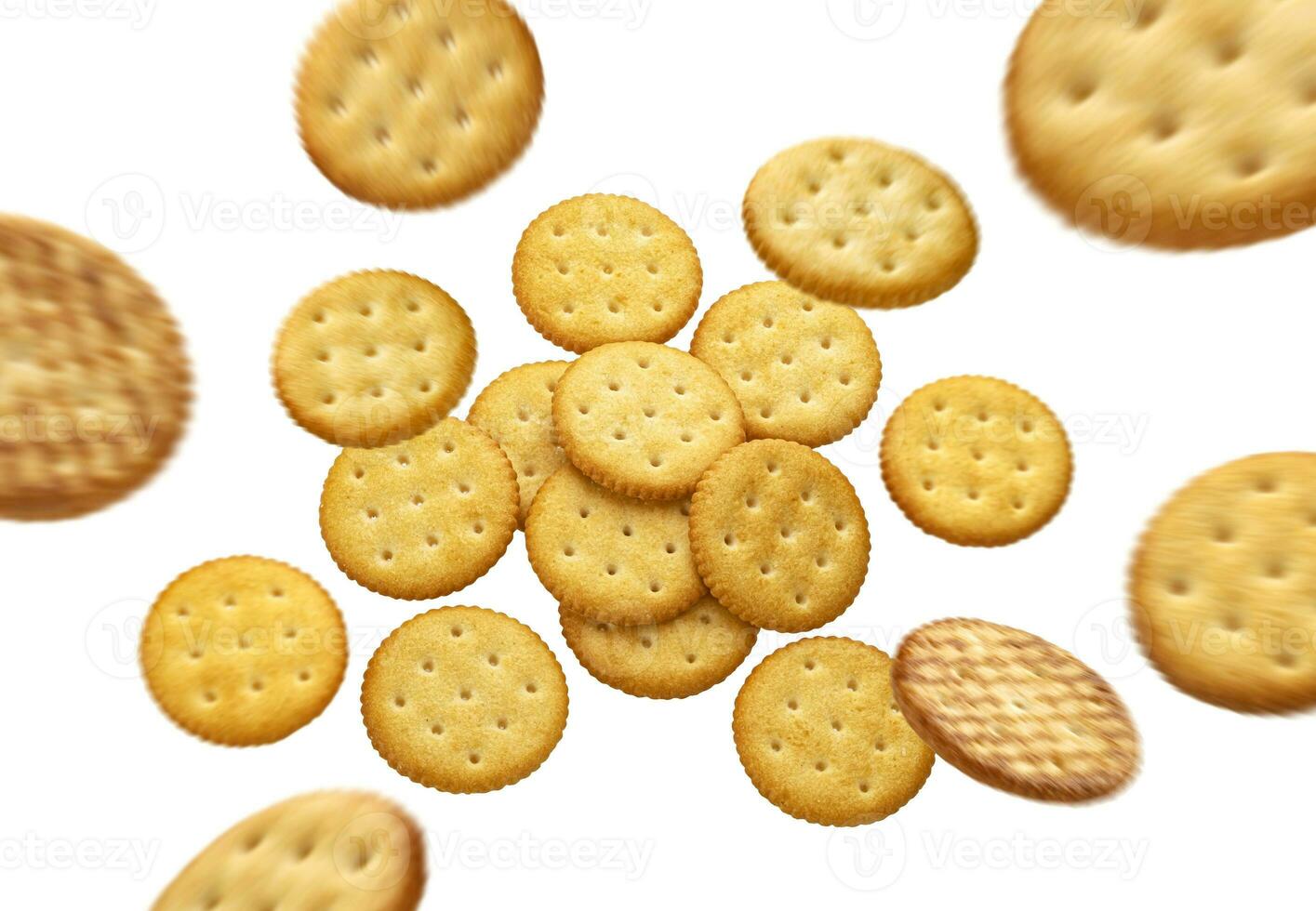 Falling round cheese crackers isolated on white background, top view photo