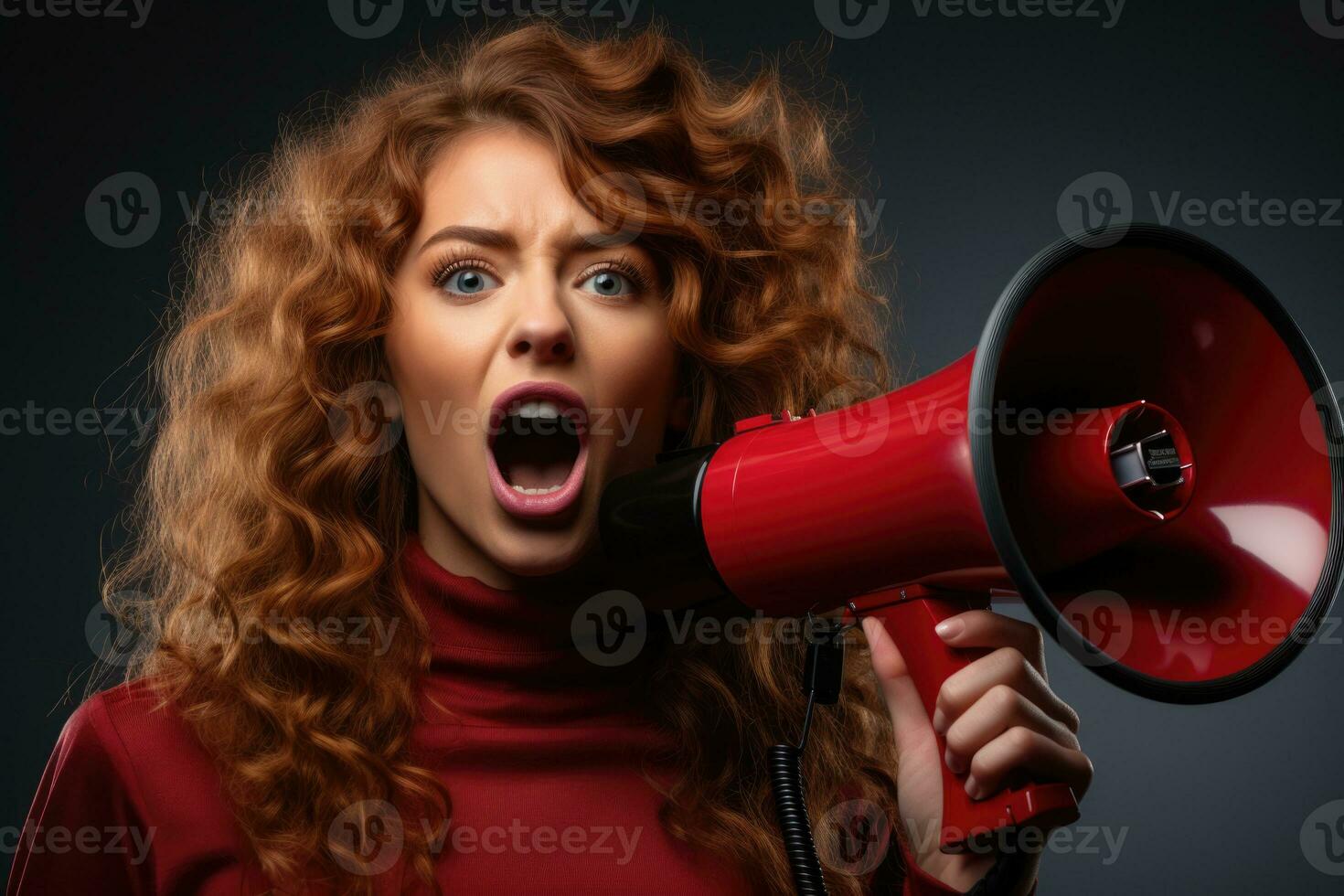 Portrait of a young woman shouting through a megaphone. AI generated photo