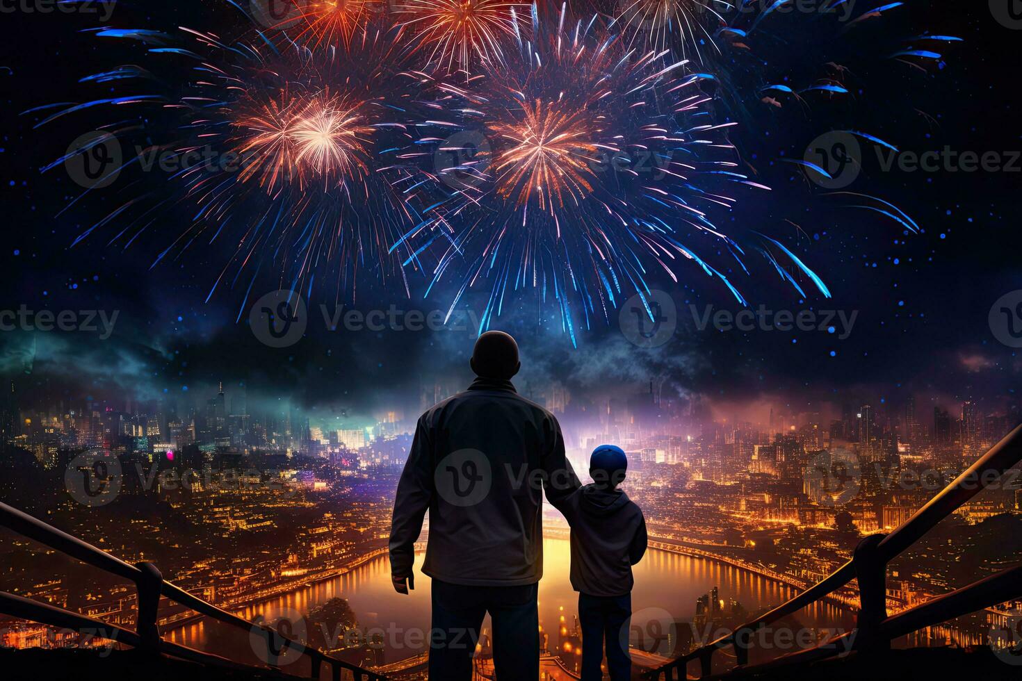 Silhouette of father and son with fireworks on the background of the city. Back view of father and son looking at fireworks on night city background. AI generated photo