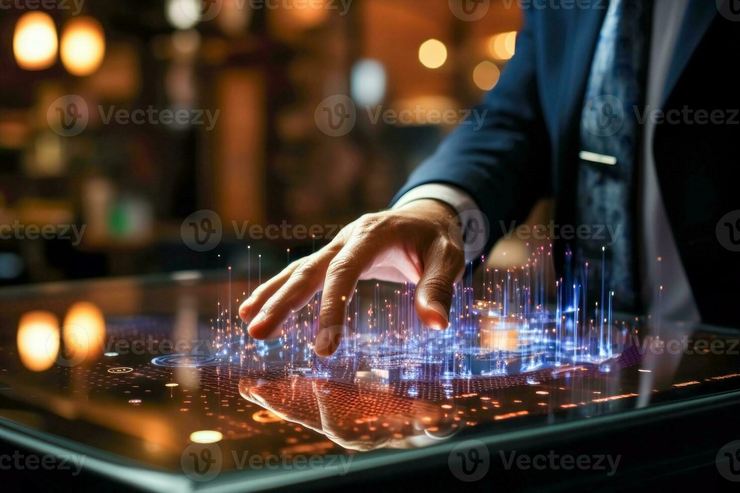 Close up of businessman hand holding digital hologram with blue lights on background. AI generated photo