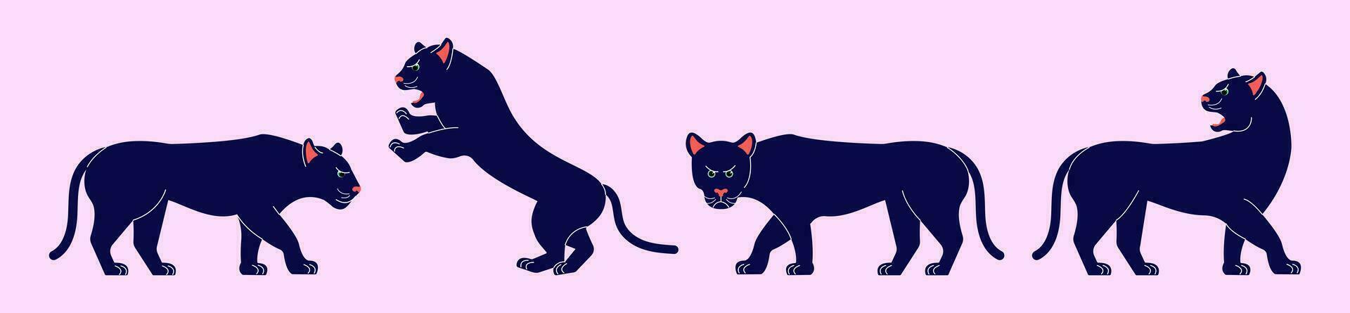 Panthers in different poses. Vector illustration of panthers in flat style. Minimalism.