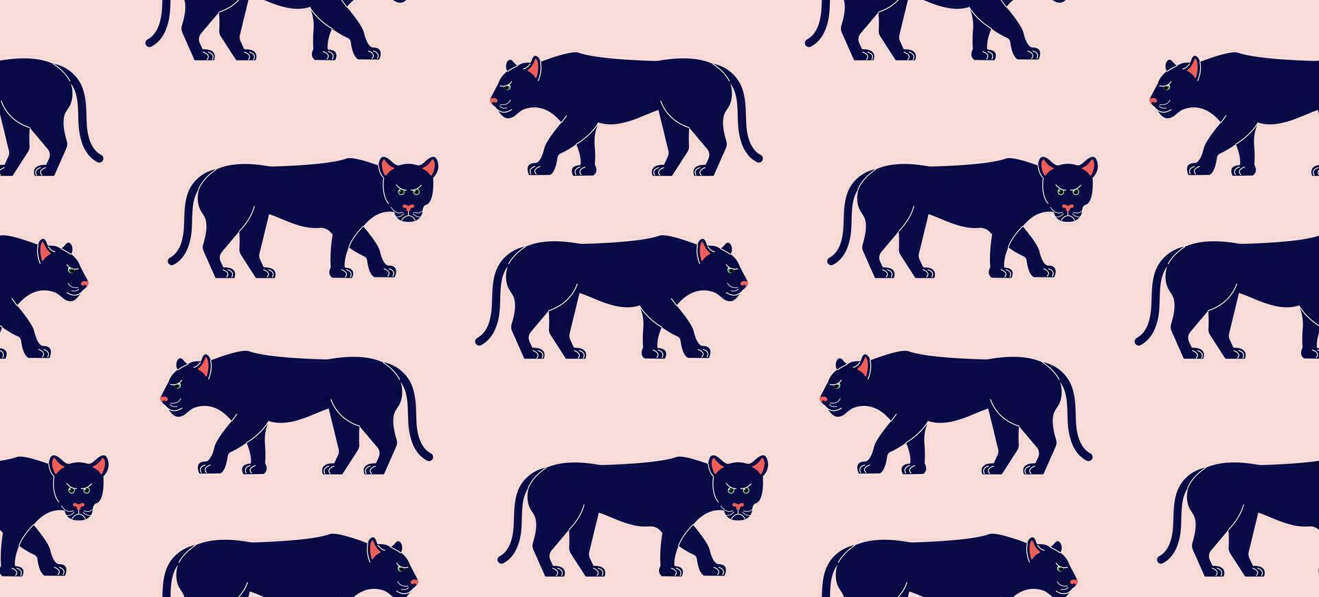 Seamless pattern with panthers on a pink background. Vector abstract background with big cats. African animals.