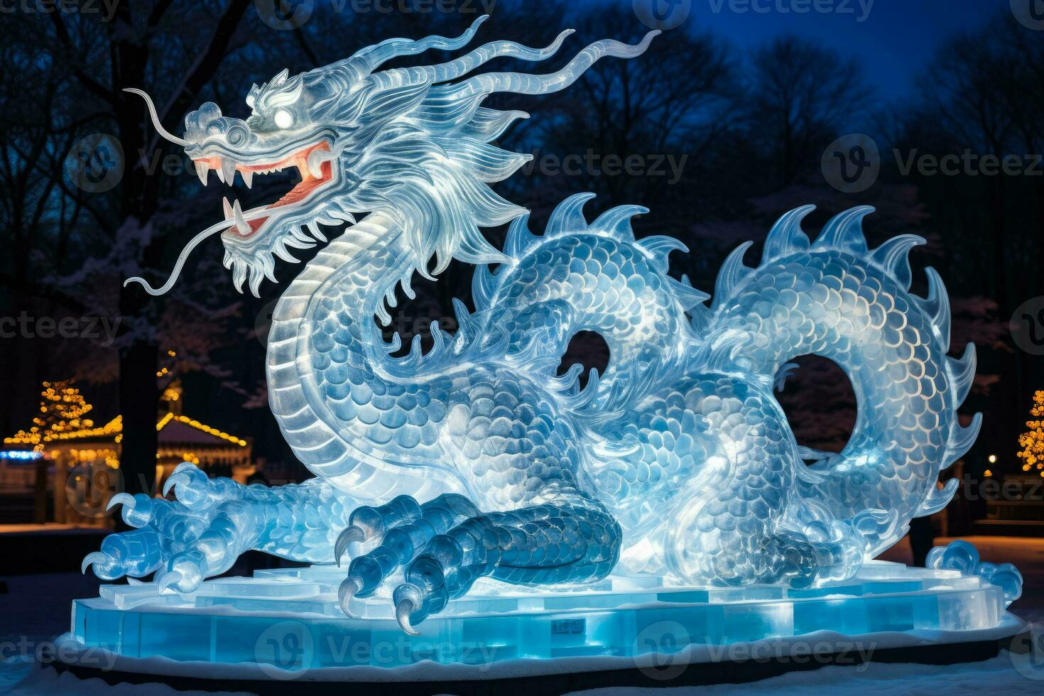 Awe inspiring icy dragon masterpiece glimmering in the chilly winter moonlight photo