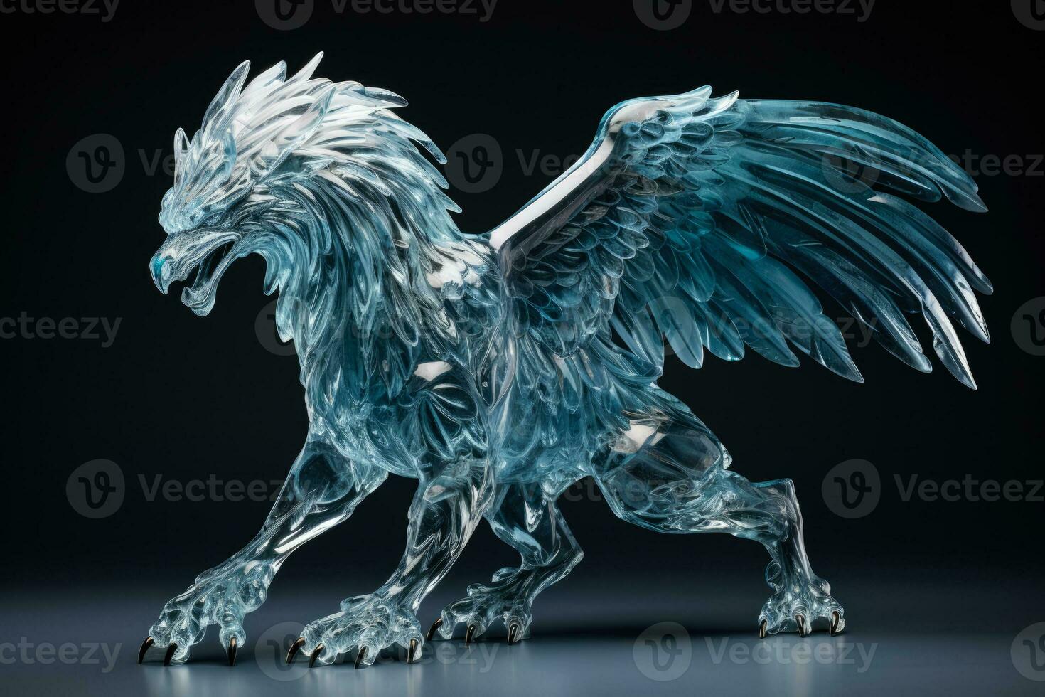 Dramatic ice griffin statue poised for flight isolated on a gradient background photo