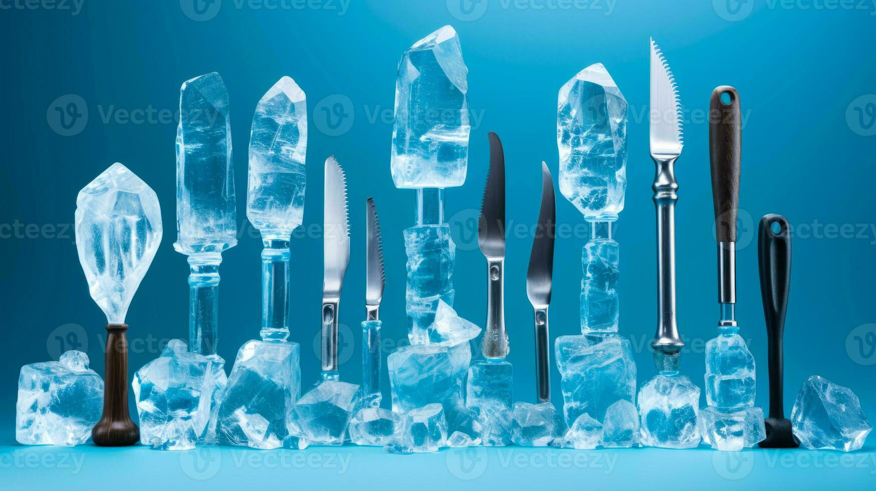 Ice sculpting tools meticulously arranged isolated on a gradient background photo